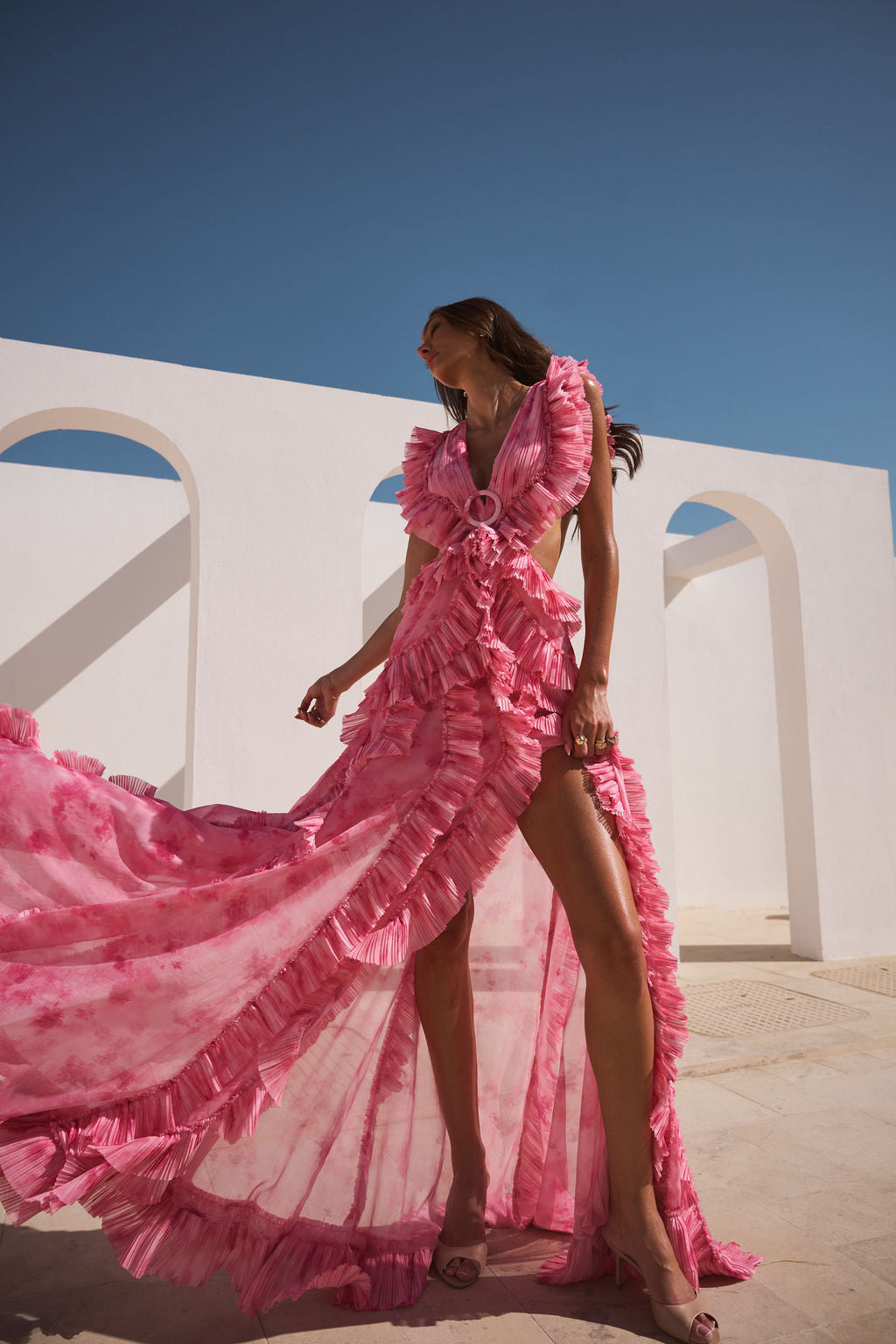 Pink Tie-Dye Ruffle Tiered Maxi Dress