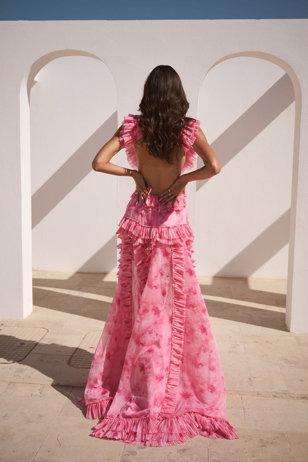 Pink Tie-Dye Ruffle Tiered Maxi Dress