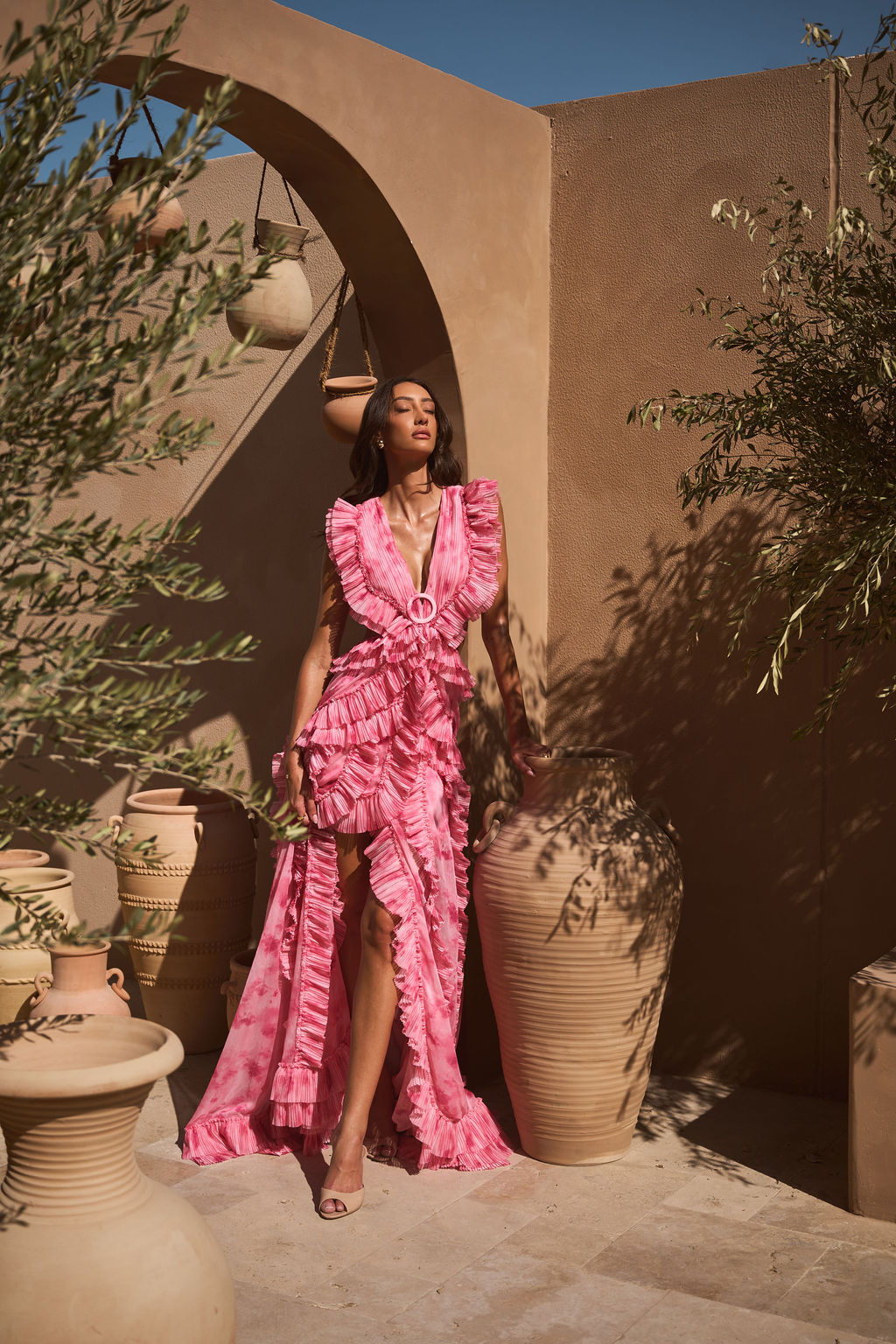 Pink Tie-Dye Ruffle Tiered Maxi Dress