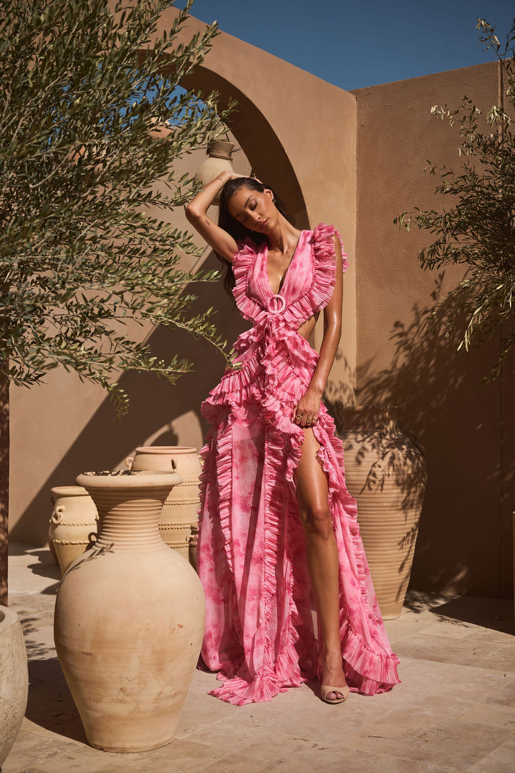 Pink Tie-Dye Ruffle Tiered Maxi Dress