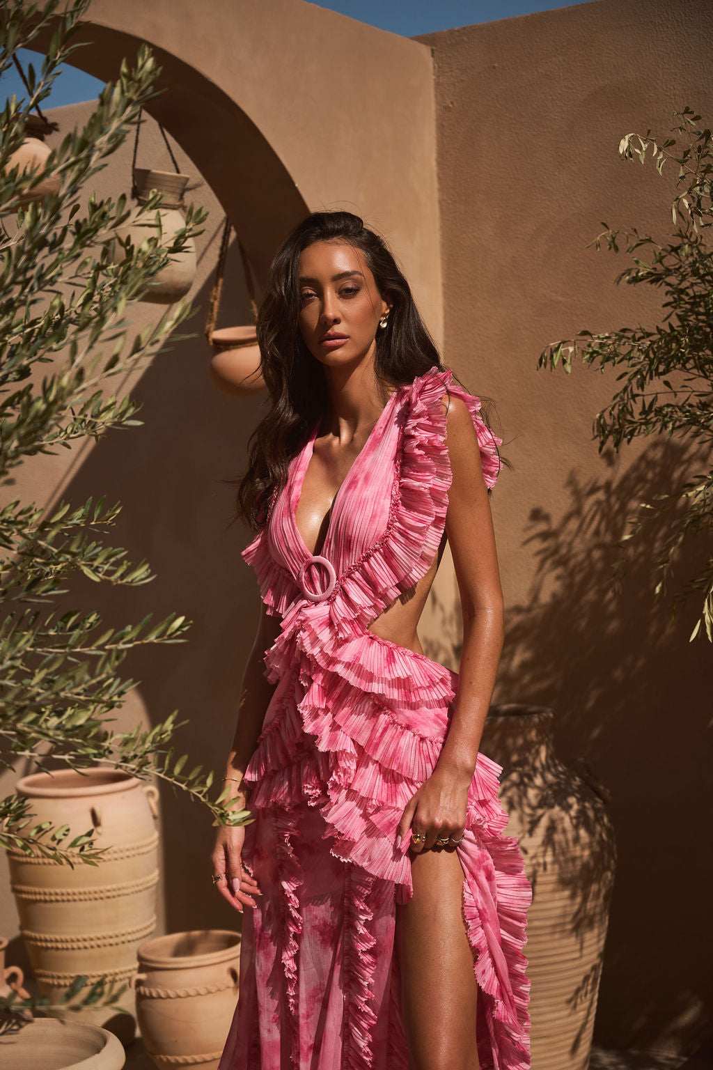 Pink Tie-Dye Ruffle Tiered Maxi Dress