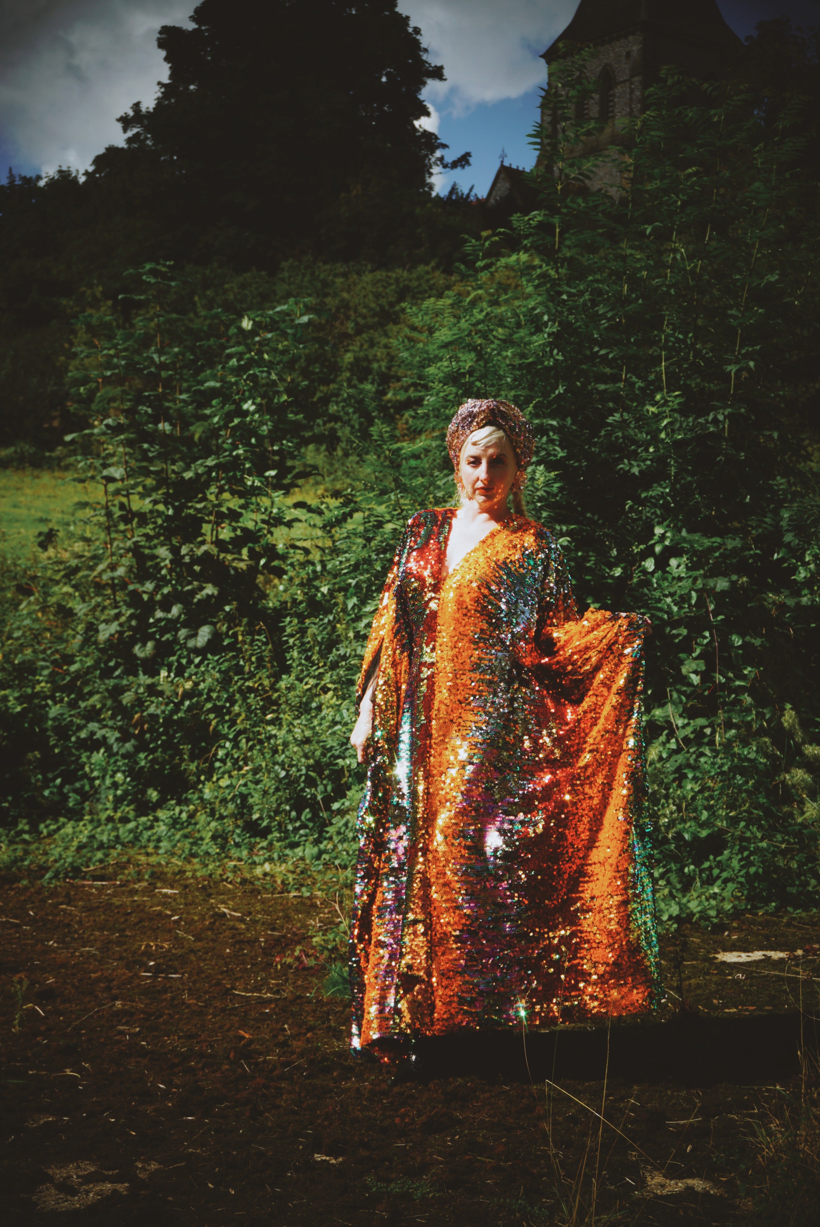 Firecracker Orange, Gold and Green Sequin V Neck Kaftan Gown, Freesize