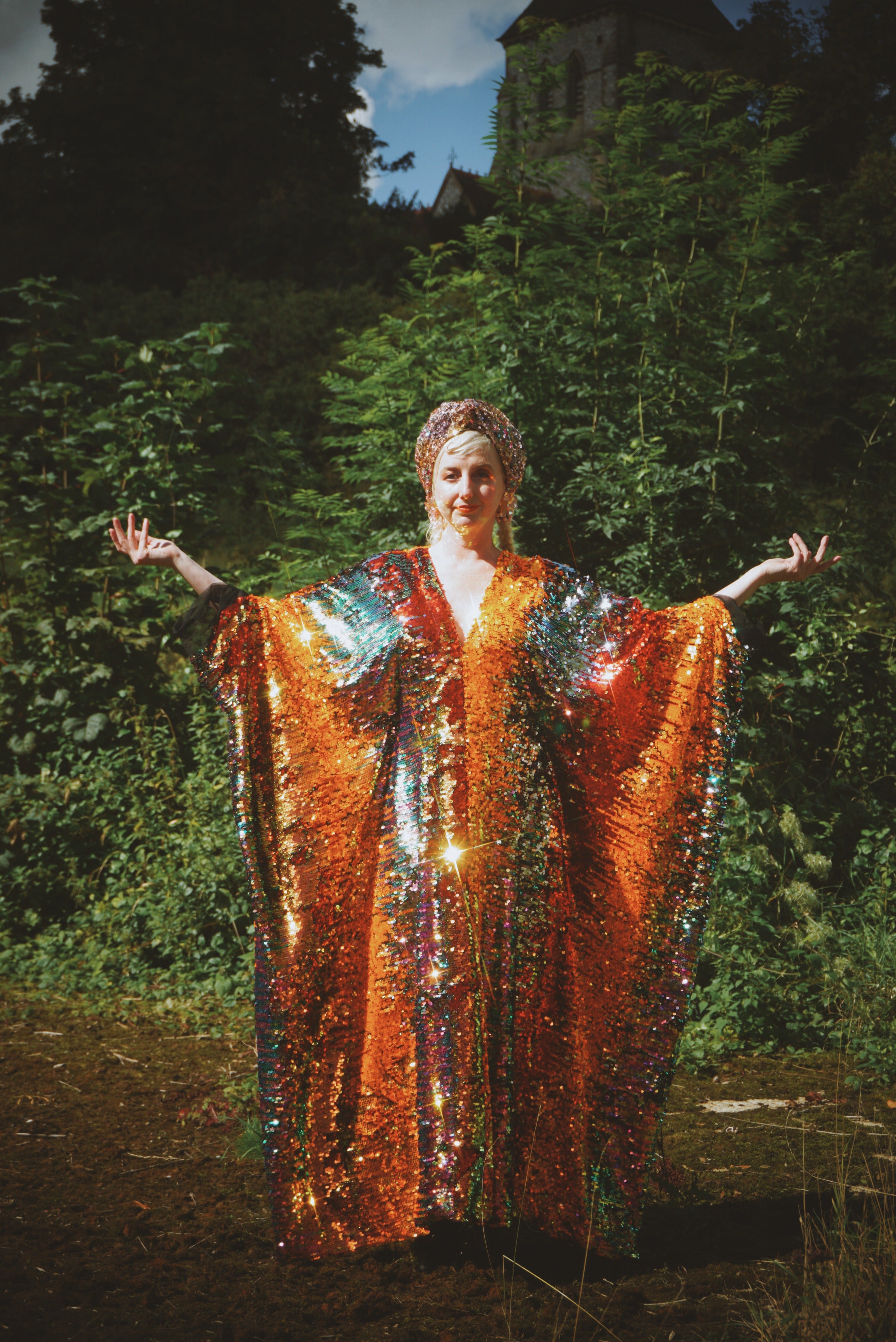 Firecracker Orange, Gold and Green Sequin V Neck Kaftan Gown, Freesize