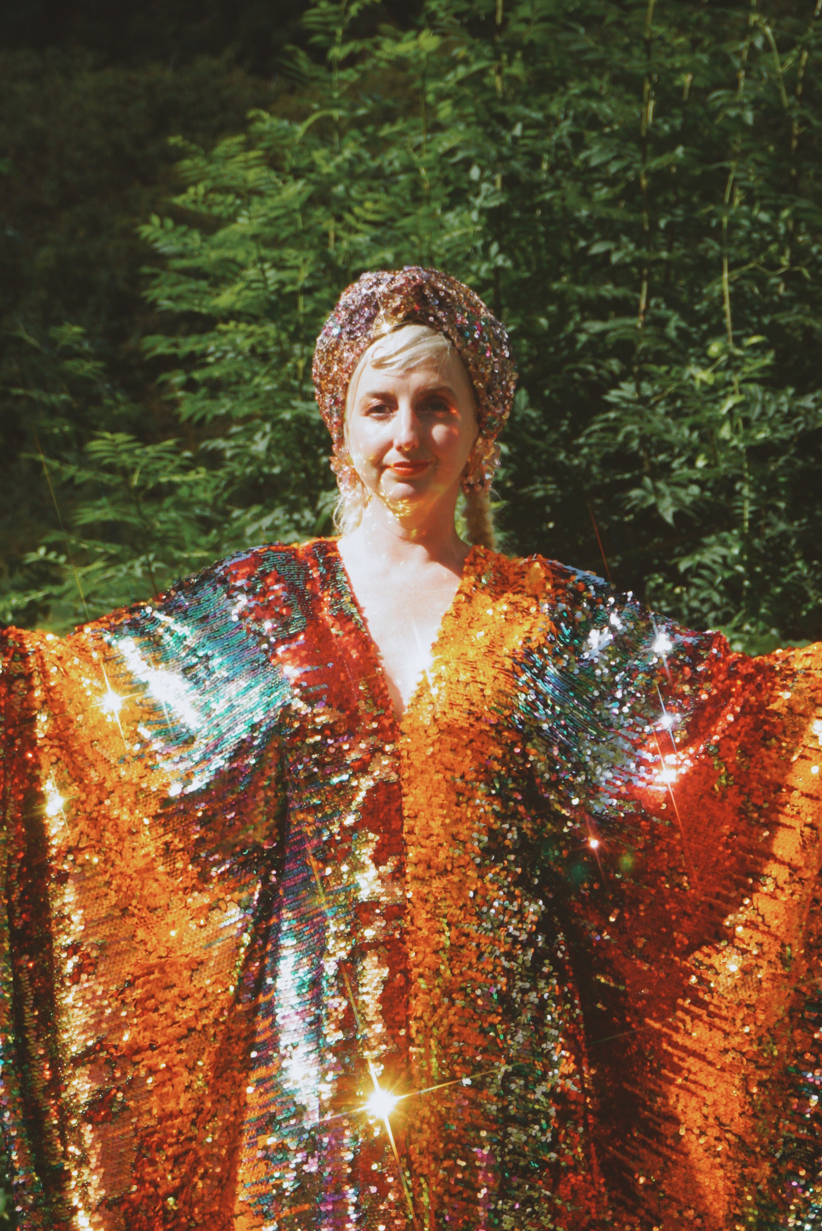 Firecracker Orange, Gold and Green Sequin V Neck Kaftan Gown, Freesize