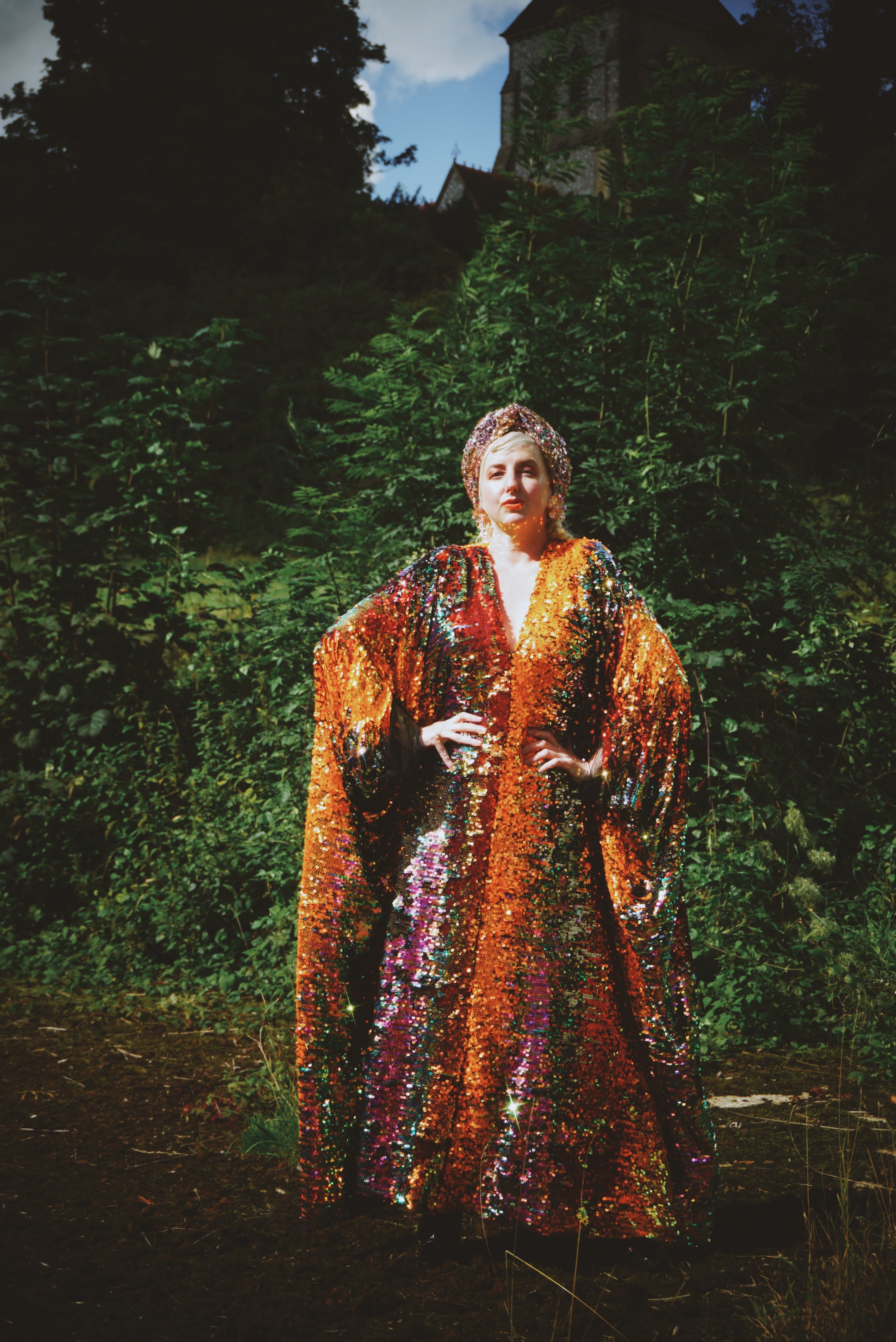 Firecracker Orange, Gold and Green Sequin V Neck Kaftan Gown, Freesize