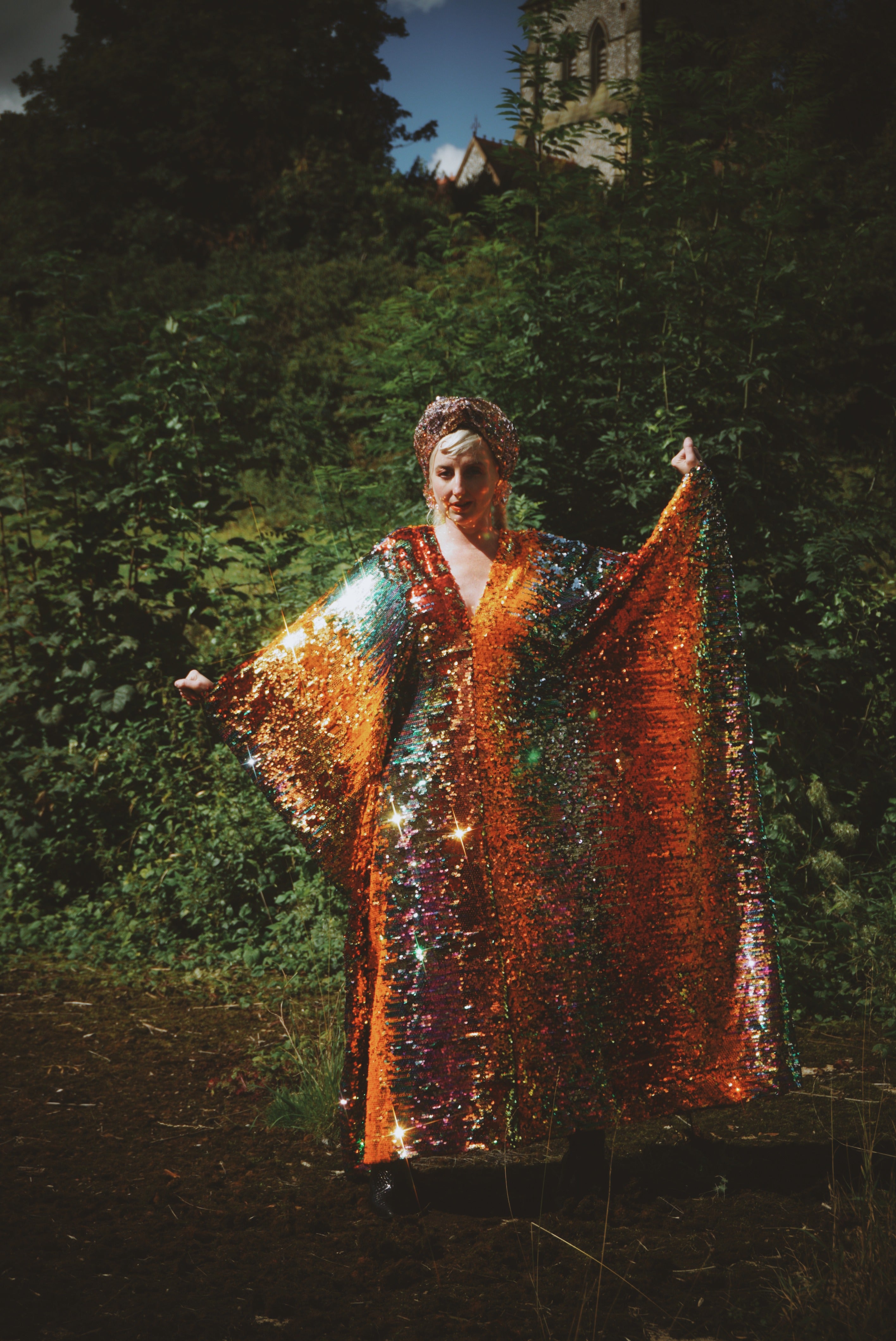 Firecracker Orange, Gold and Green Sequin V Neck Kaftan Gown, Freesize