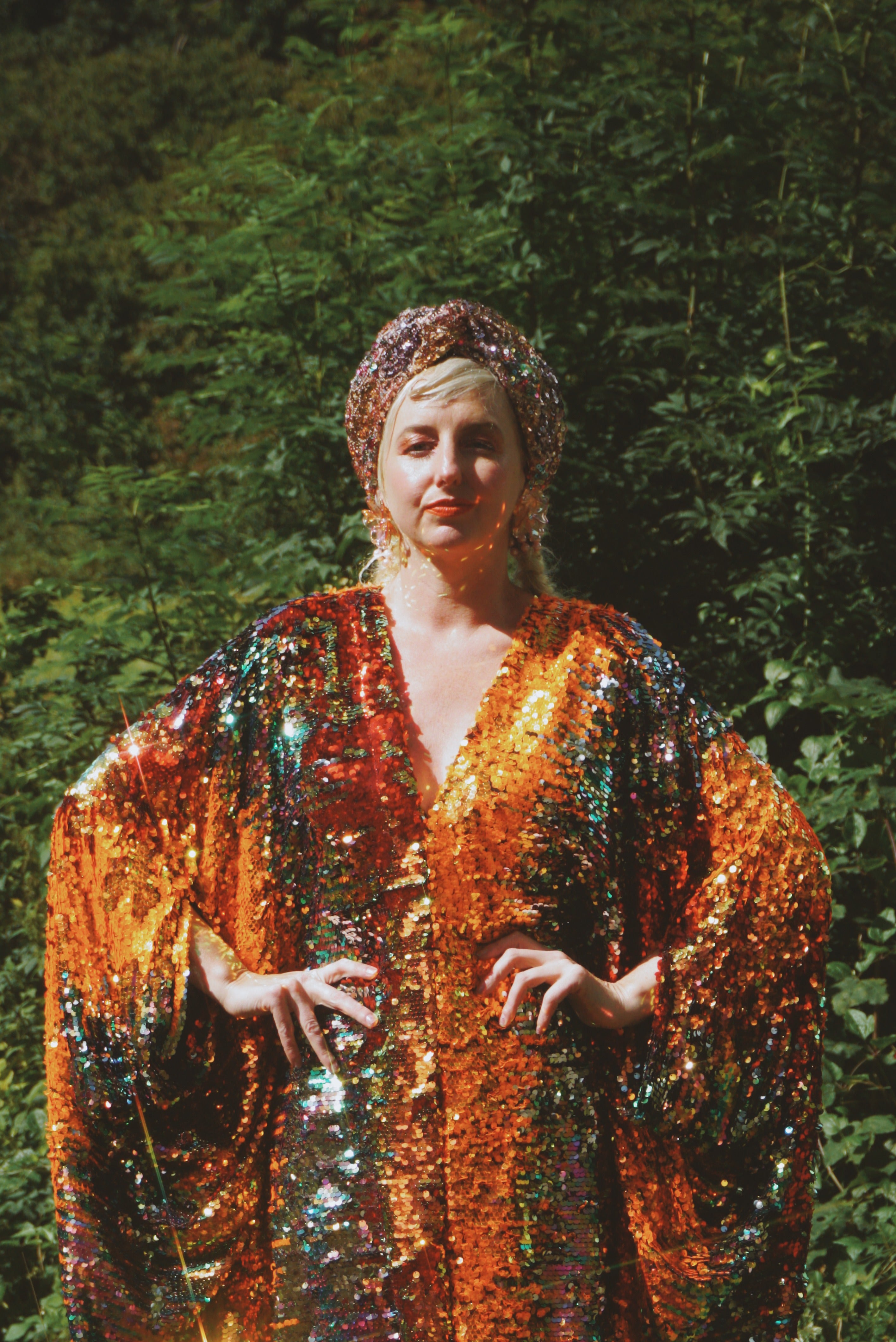 Firecracker Orange, Gold and Green Sequin V Neck Kaftan Gown, Freesize