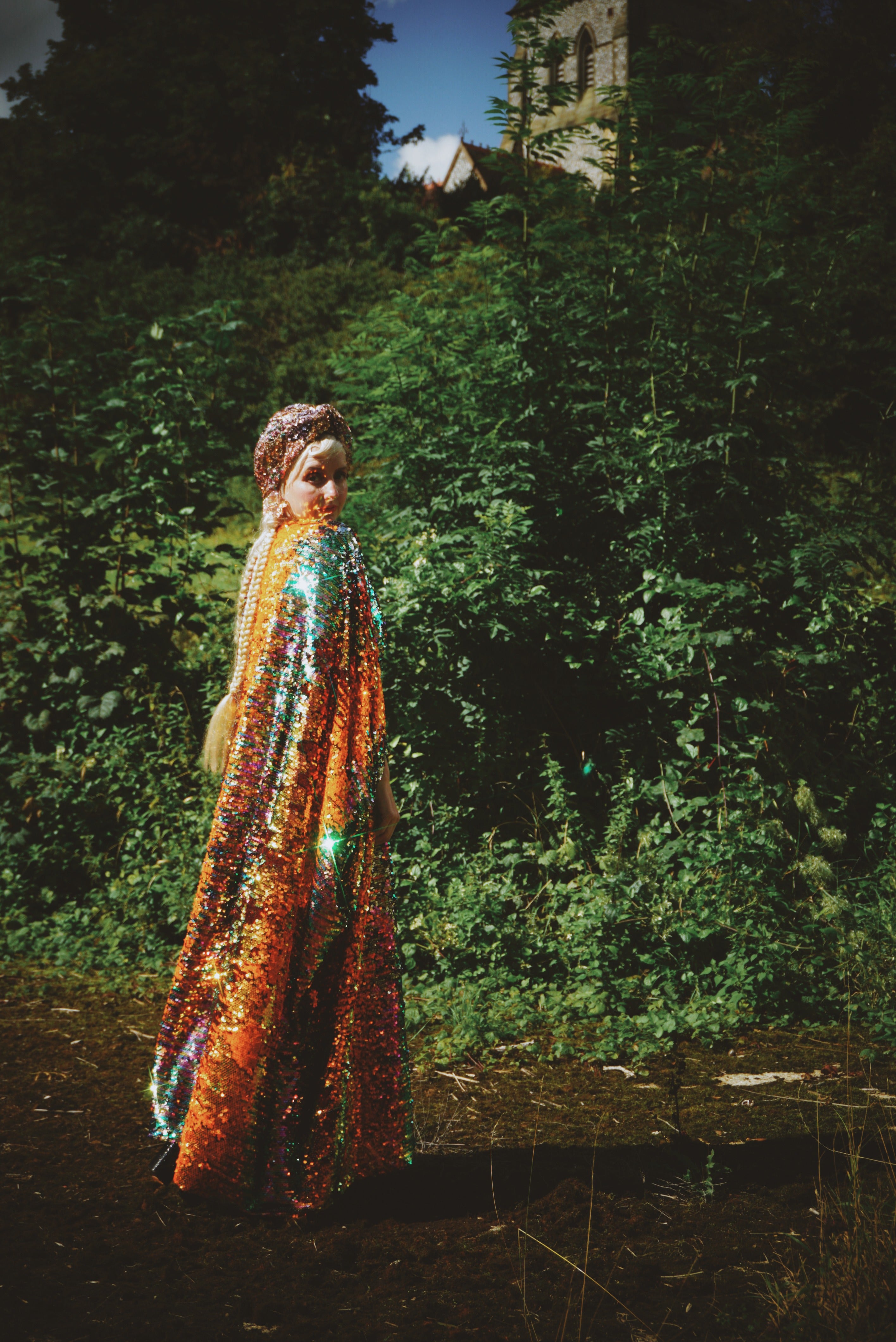 Firecracker Orange, Gold and Green Sequin V Neck Kaftan Gown, Freesize