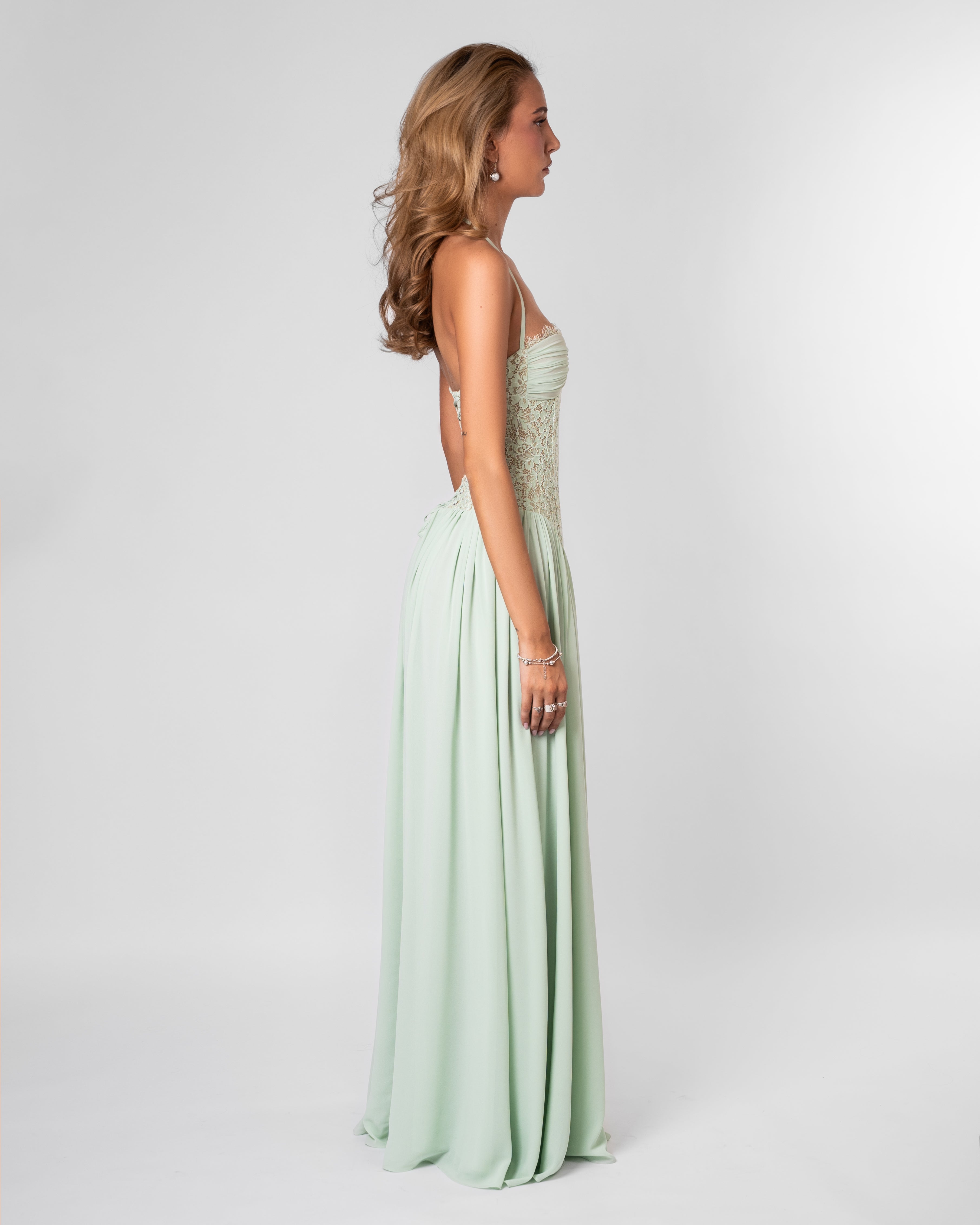 Lace Corset Halter Chiffon Flowy Mint Green Maxi Formal Dress