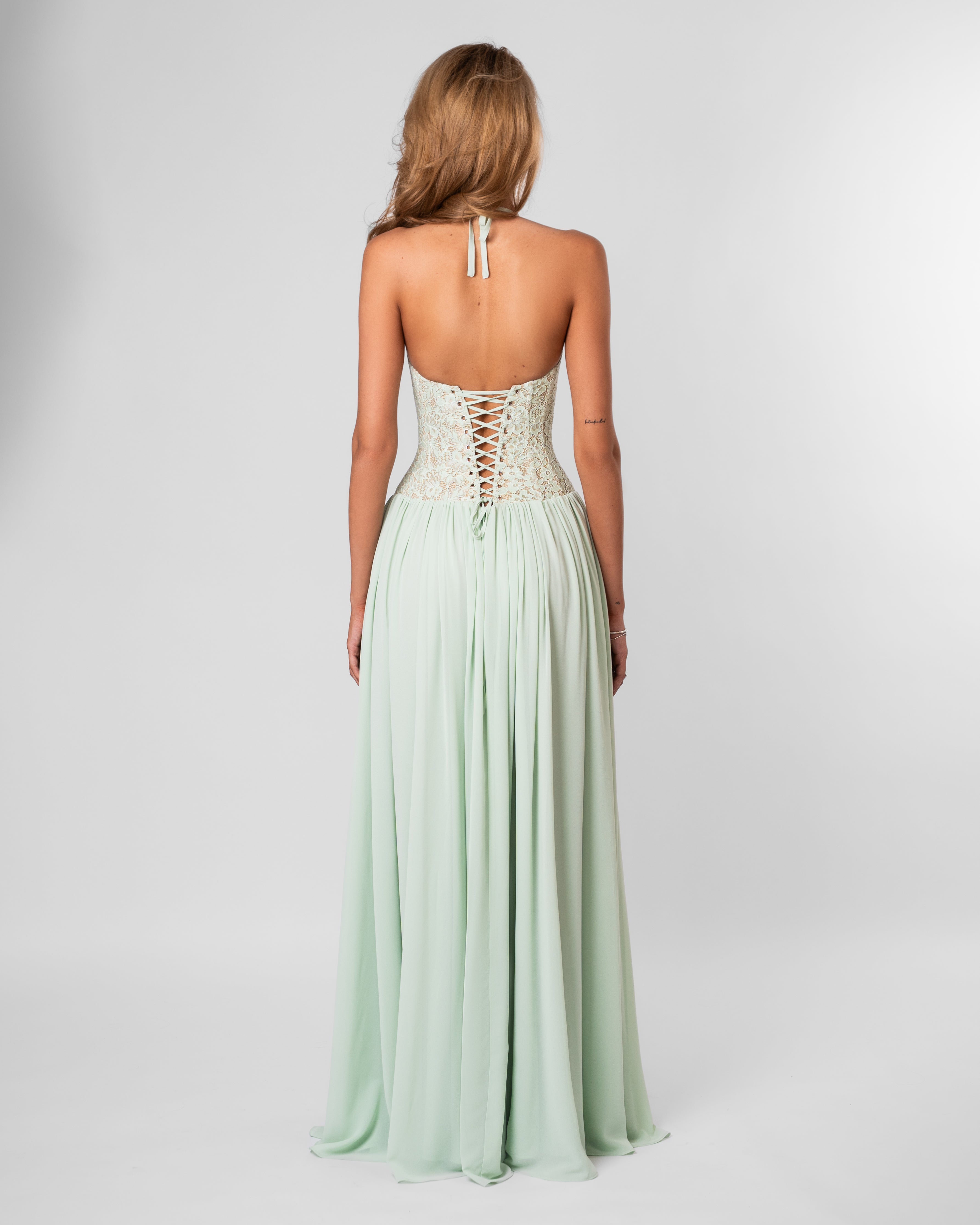 Lace Corset Halter Chiffon Flowy Mint Green Maxi Formal Dress