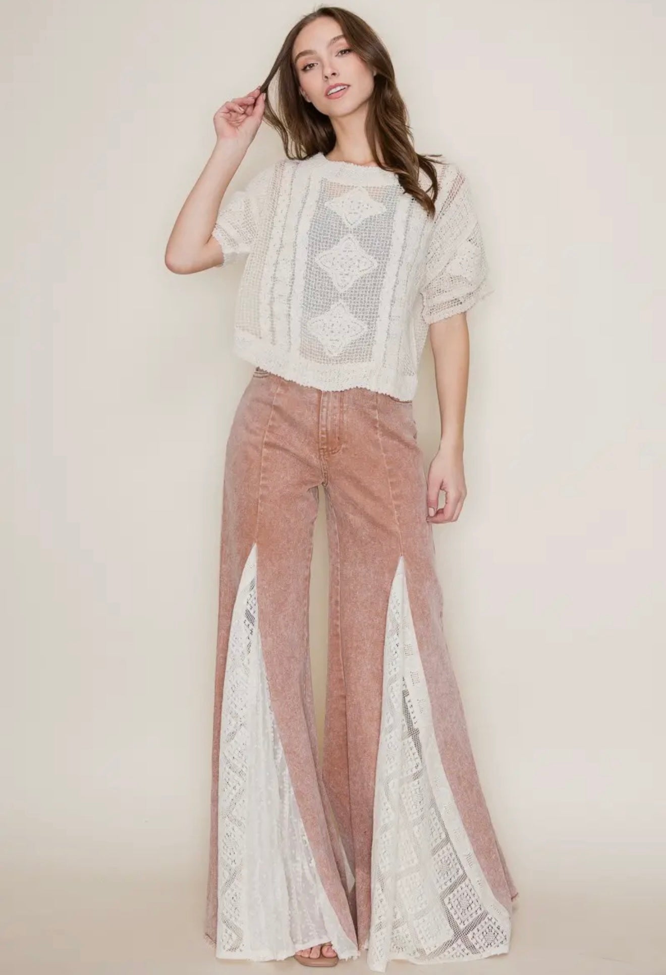 Tan Lace Detail Wide Leg Jeans