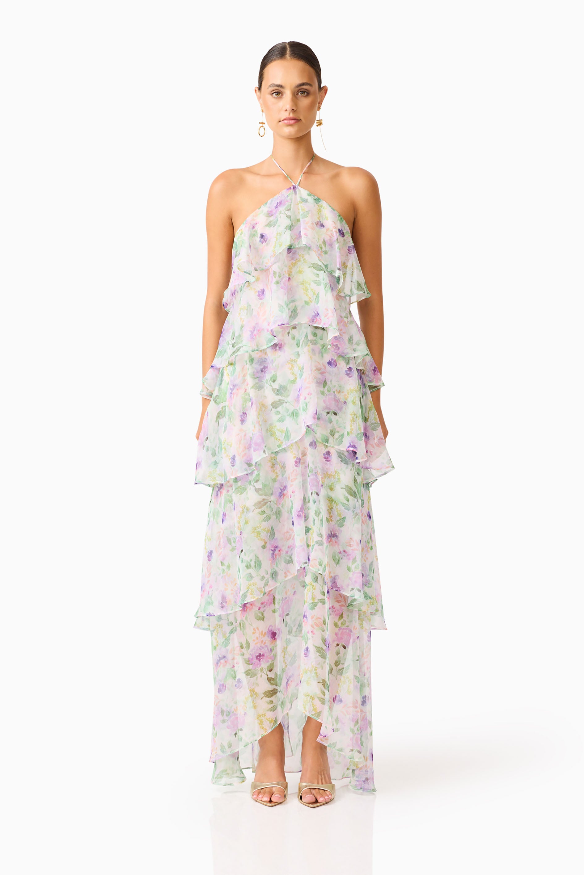 Pastel Watercolor Floral Tiered Halter Maxi Dress