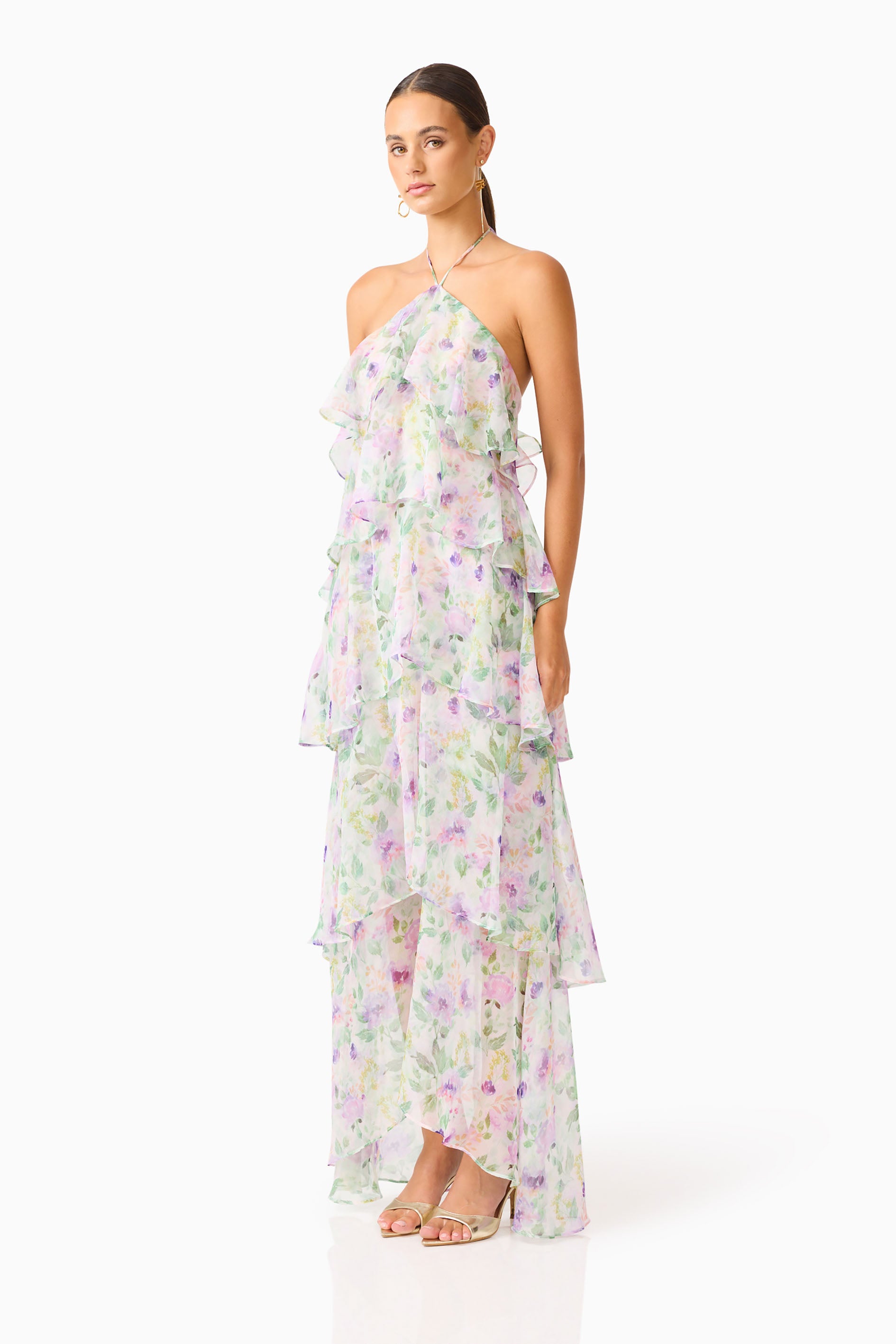 Pastel Watercolor Floral Tiered Halter Maxi Dress