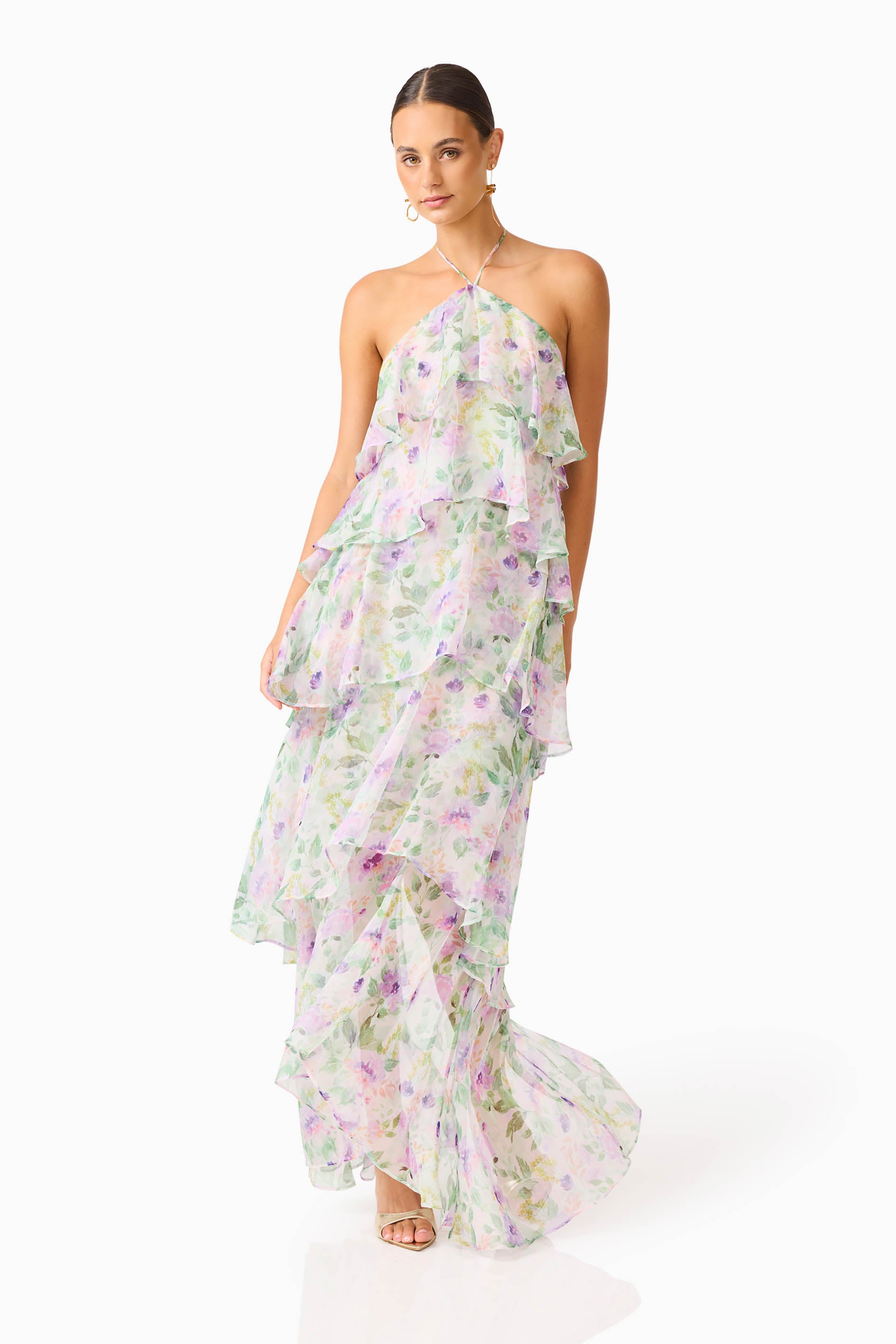 Pastel Watercolor Floral Tiered Halter Maxi Dress