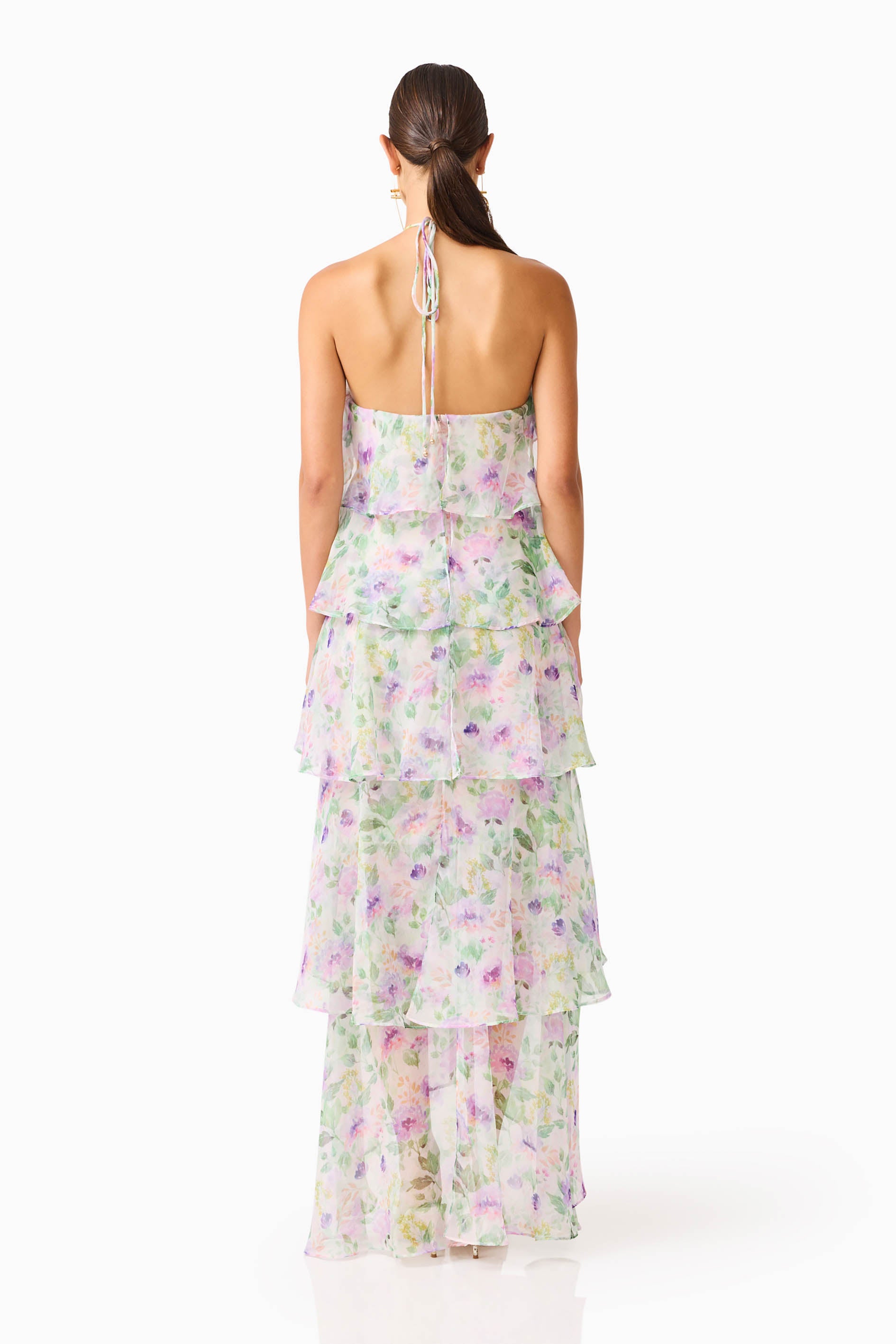Pastel Watercolor Floral Tiered Halter Maxi Dress