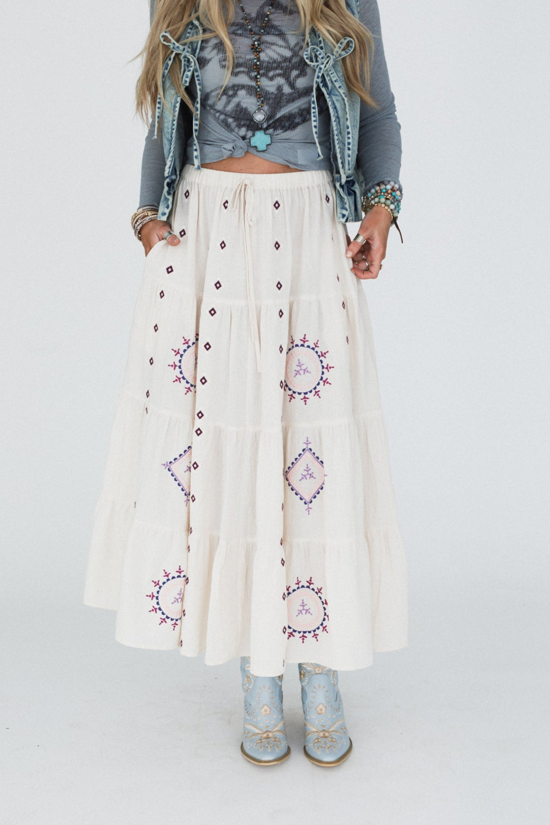 Larkspur Embroidered Maxi Skirt - Natural