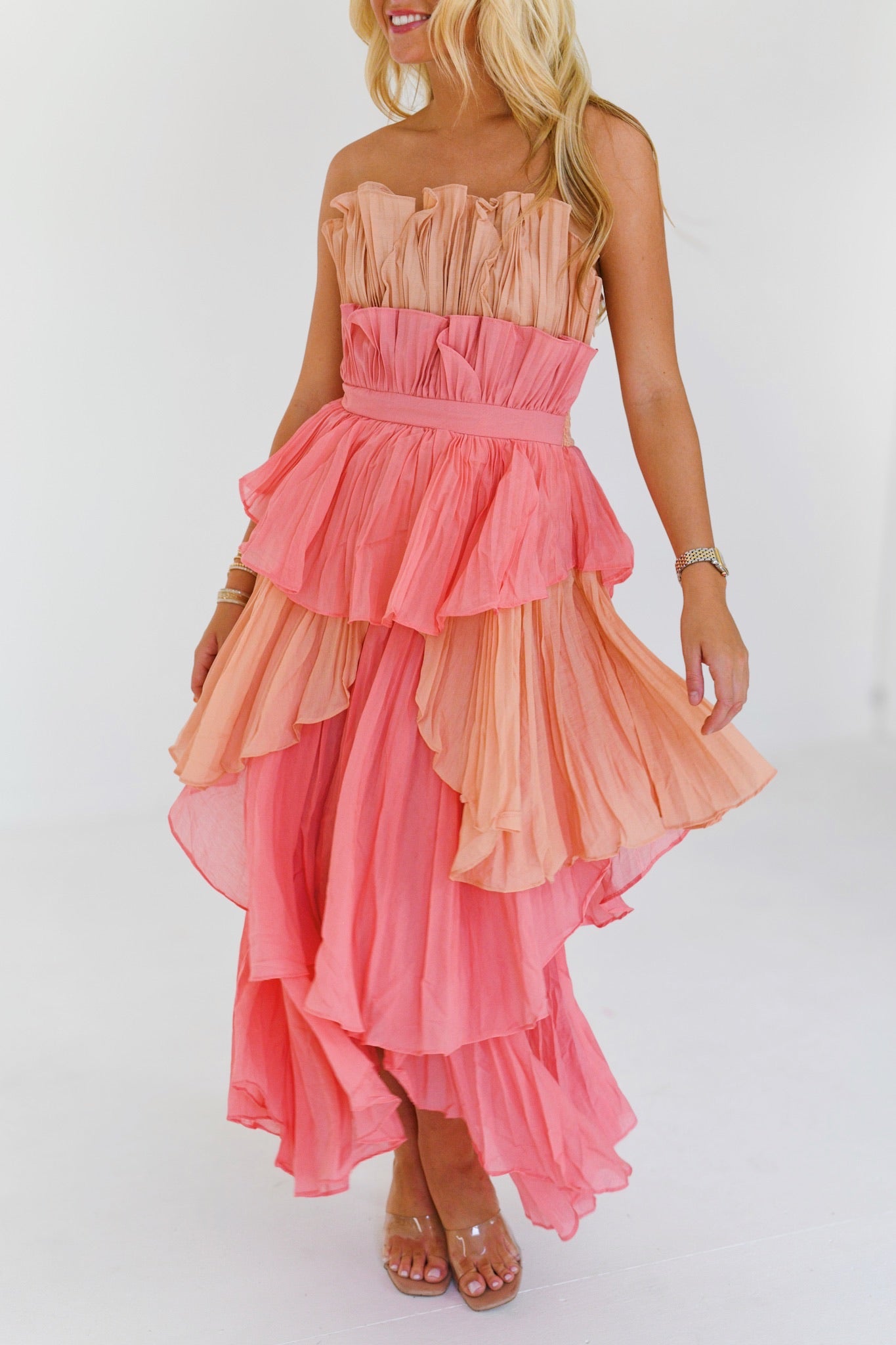 Lola Pleated Ruffle Maxi Dress - Coral Multi
