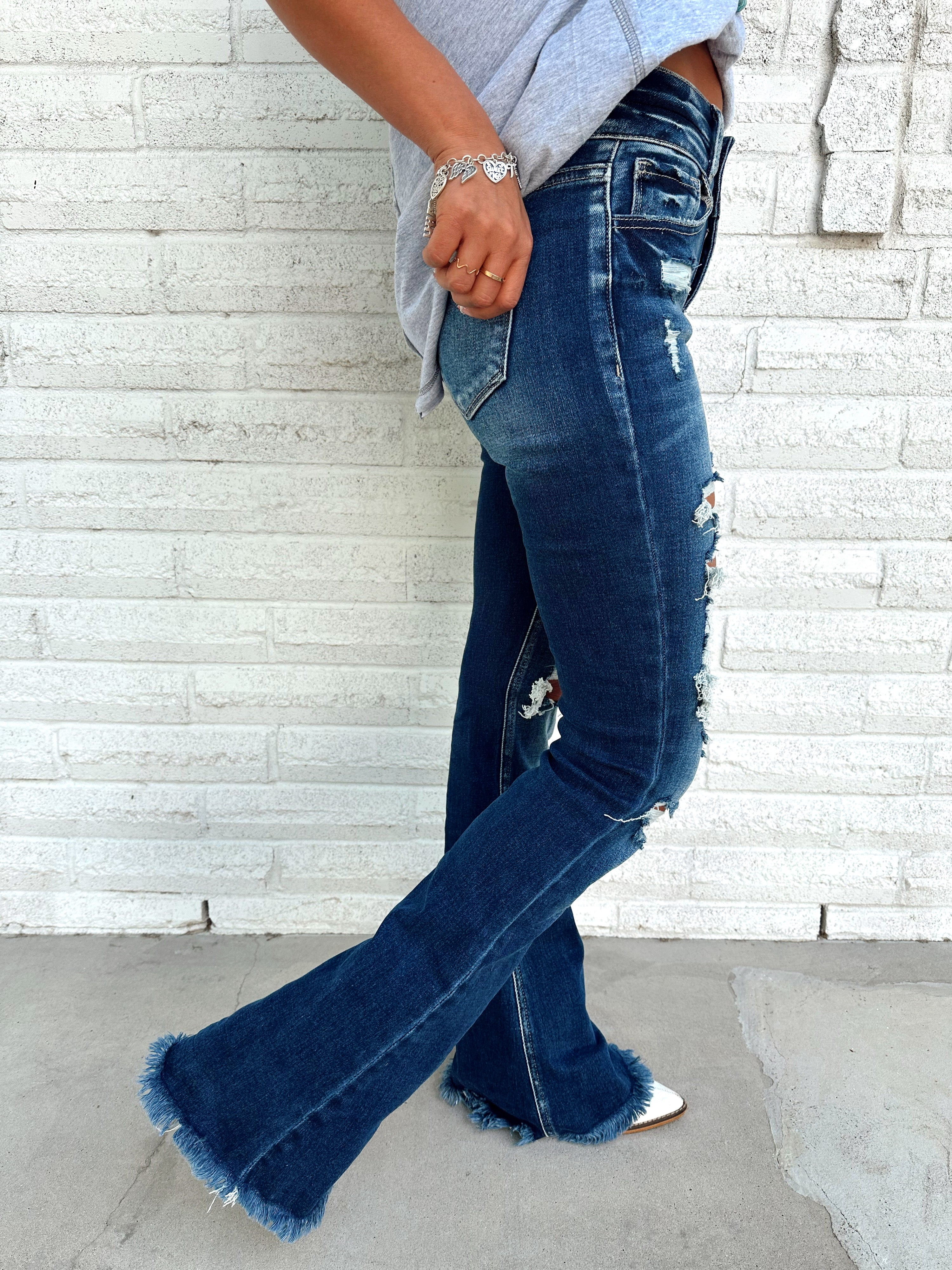 DARK WASH Route 507 Milestone Distressed Denim Flare Jeans