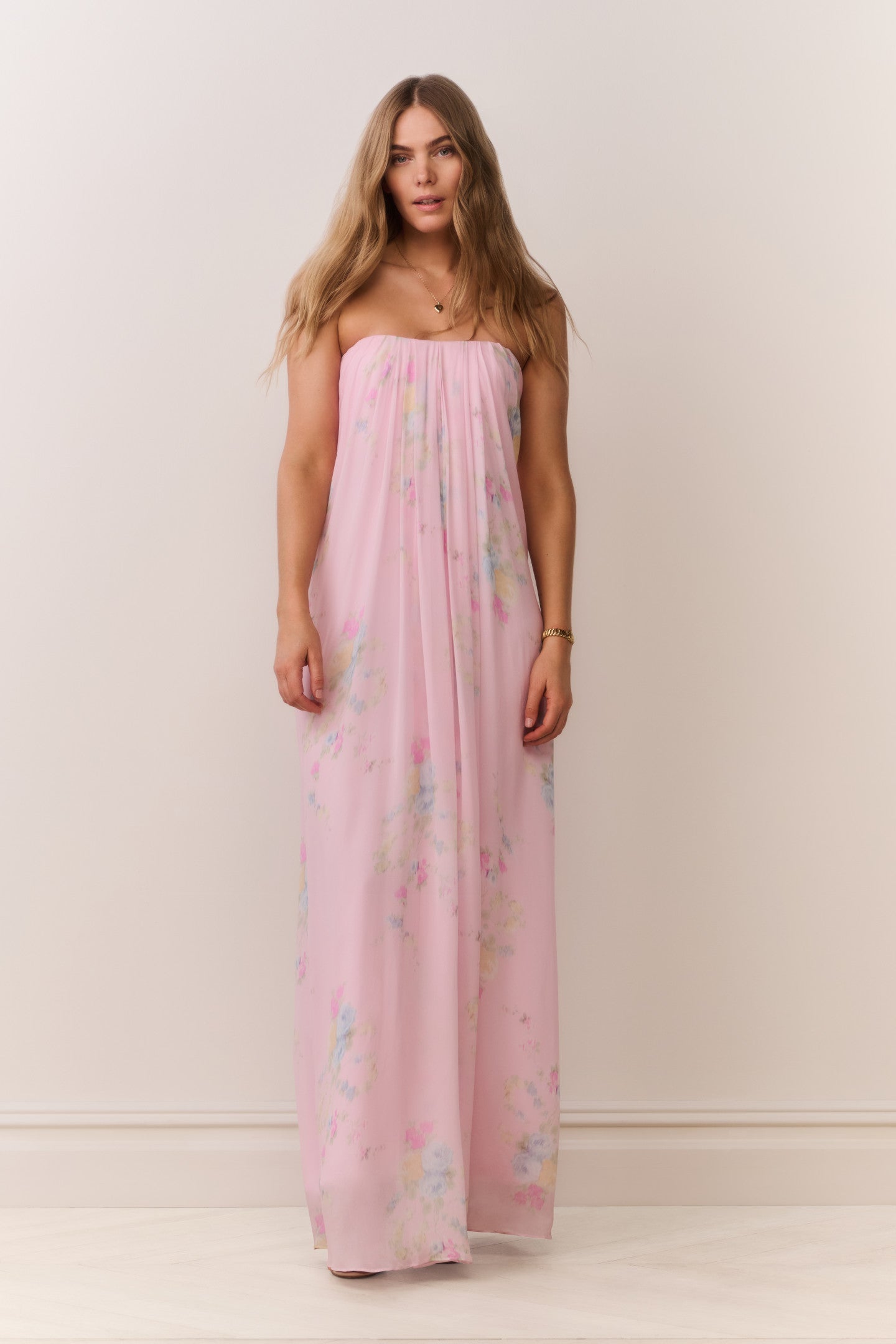 Emara Strapless Floral Chiffon Gown