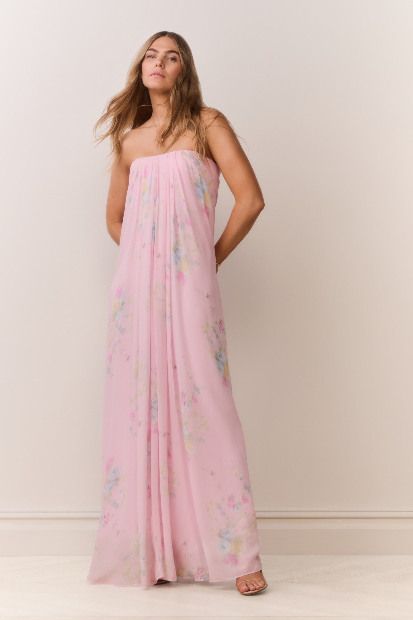 Emara Strapless Floral Chiffon Gown