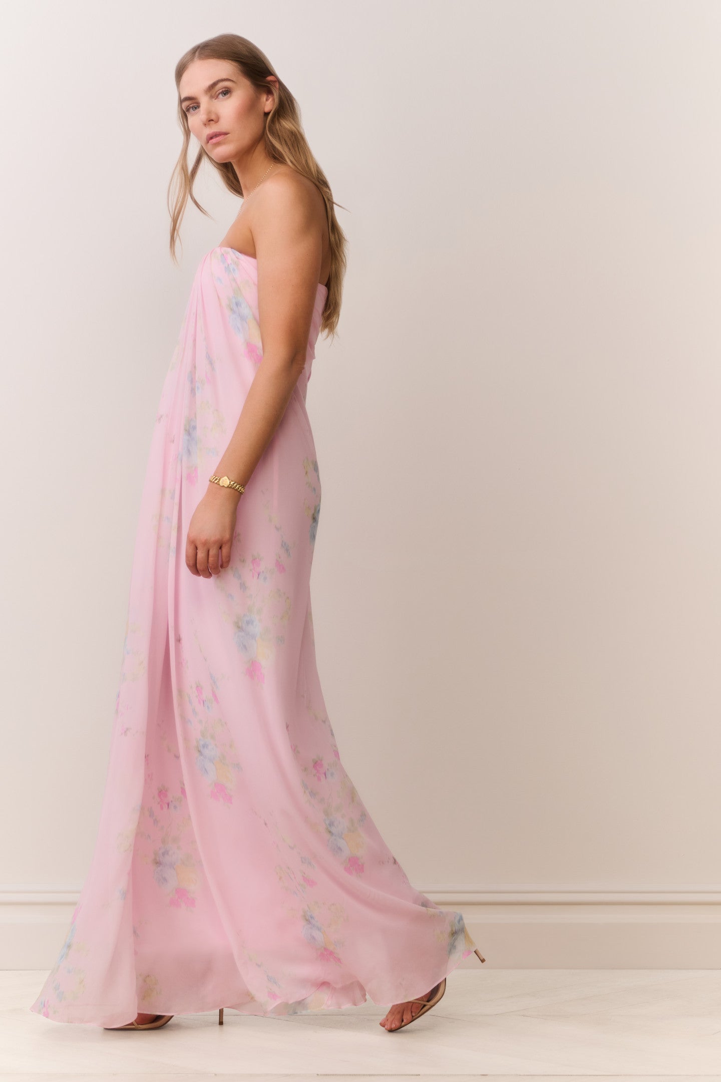 Emara Strapless Floral Chiffon Gown