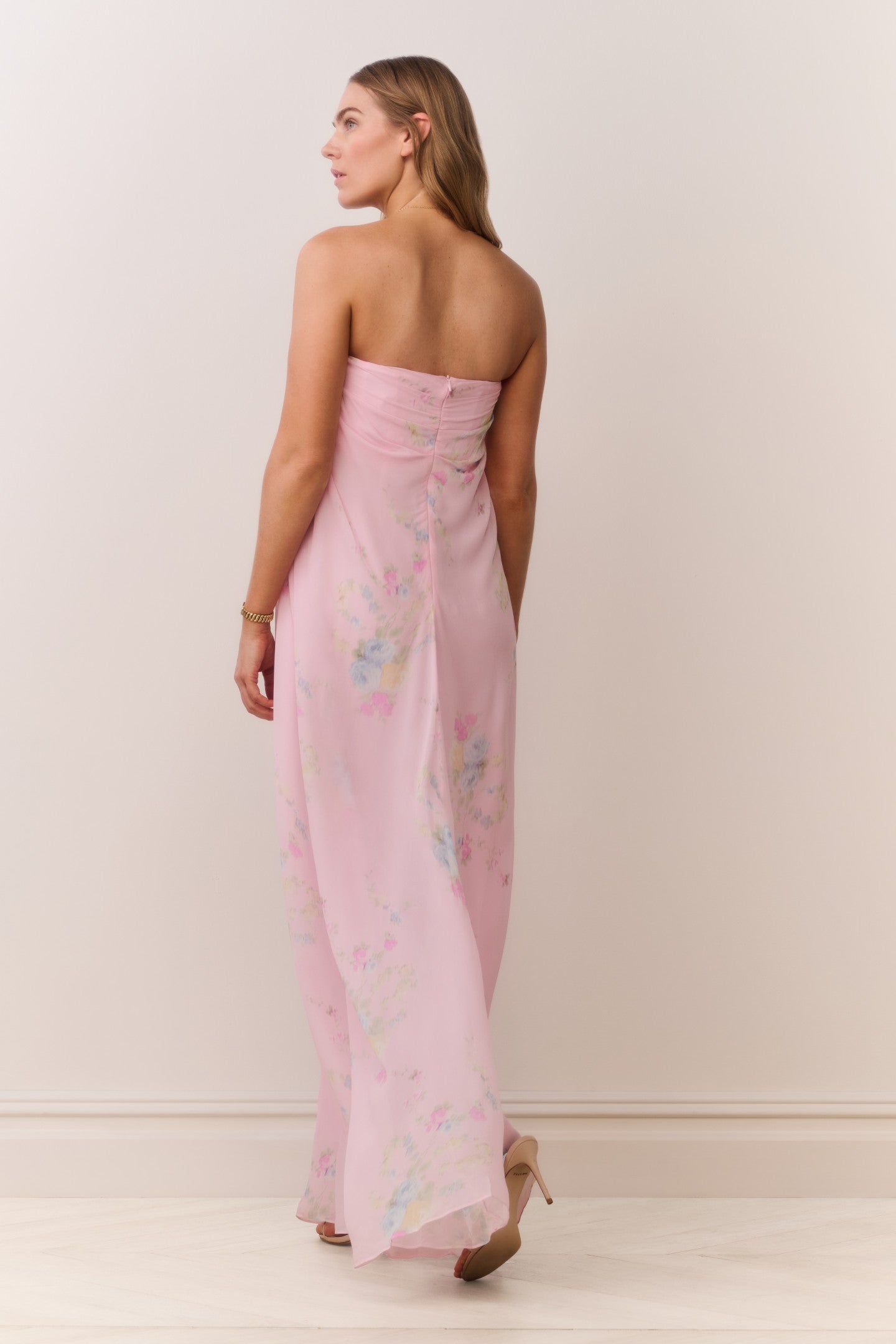 Emara Strapless Floral Chiffon Gown