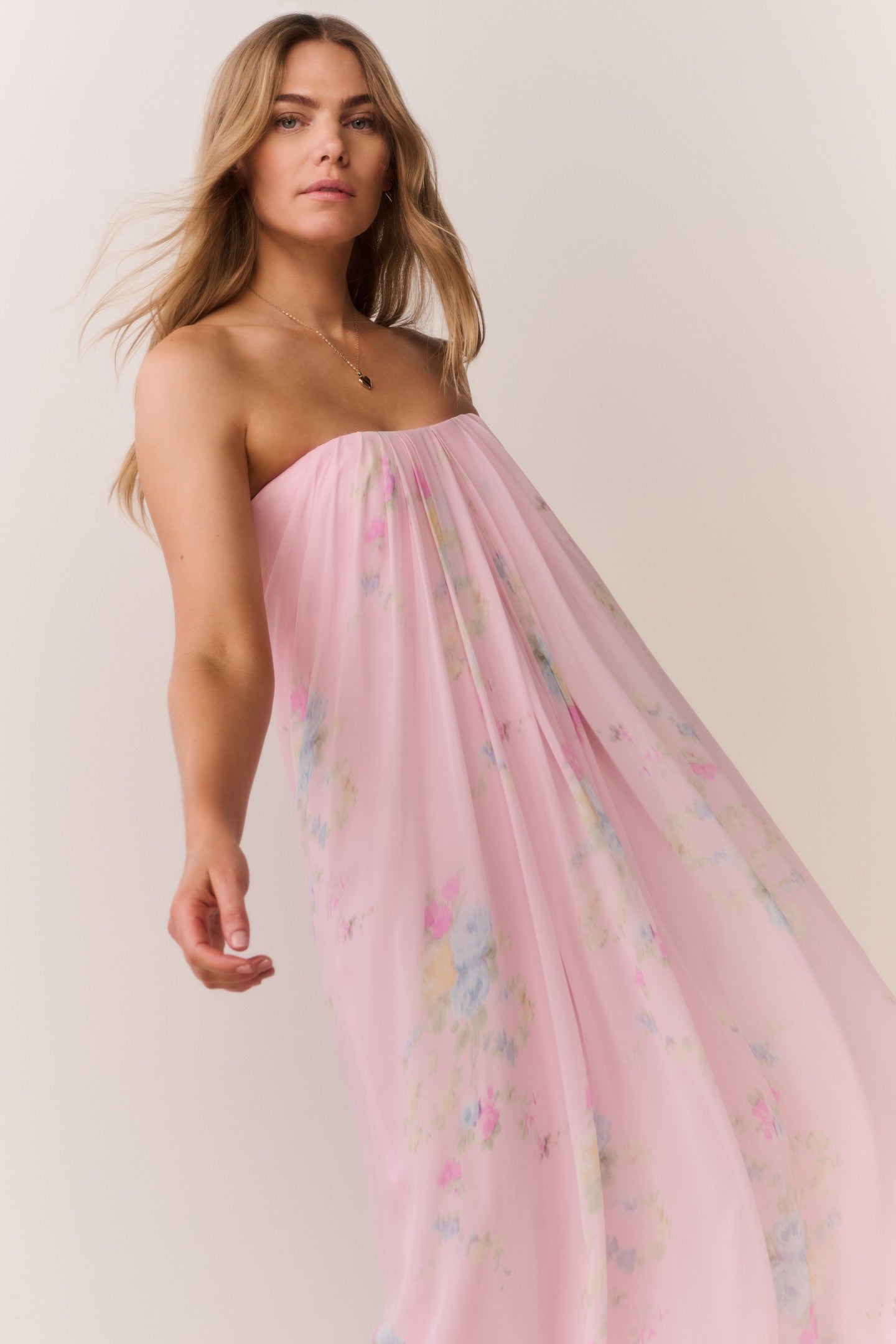 Emara Strapless Floral Chiffon Gown