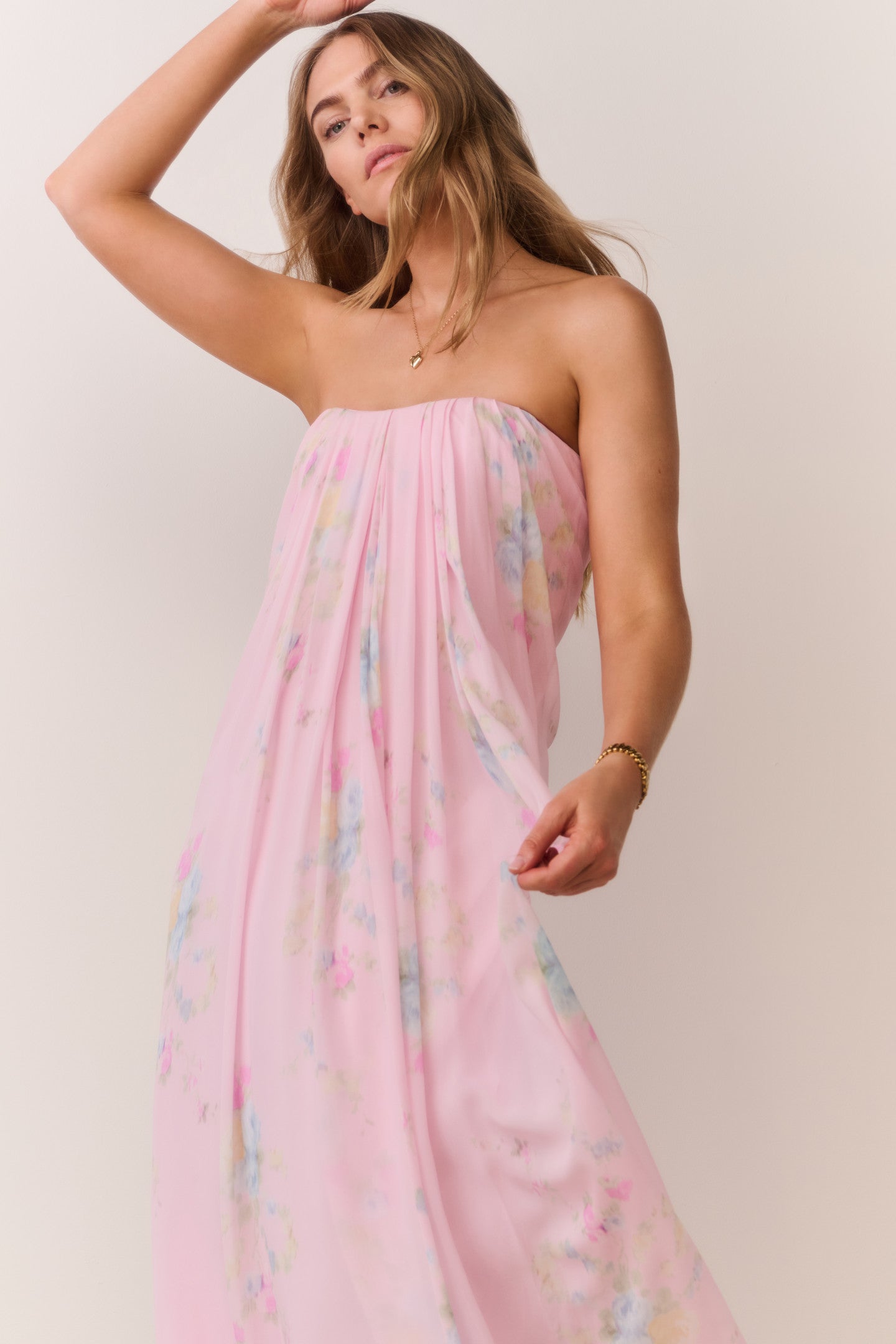 Emara Strapless Floral Chiffon Gown