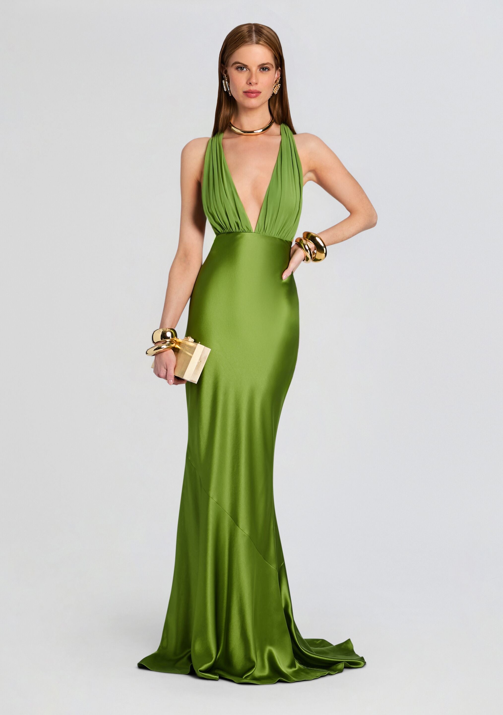 Olive Green Satin Deep V Halter Mermaid Gown