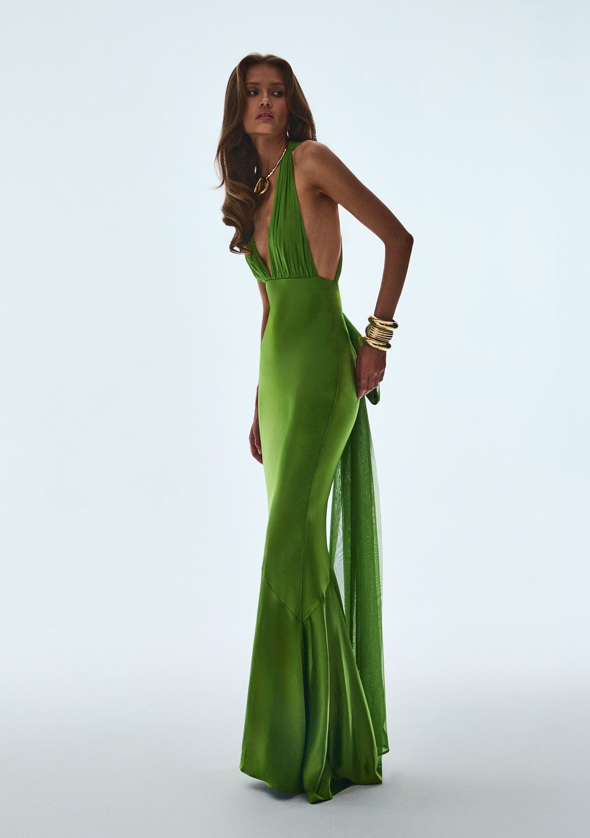 Olive Green Satin Deep V Halter Mermaid Gown