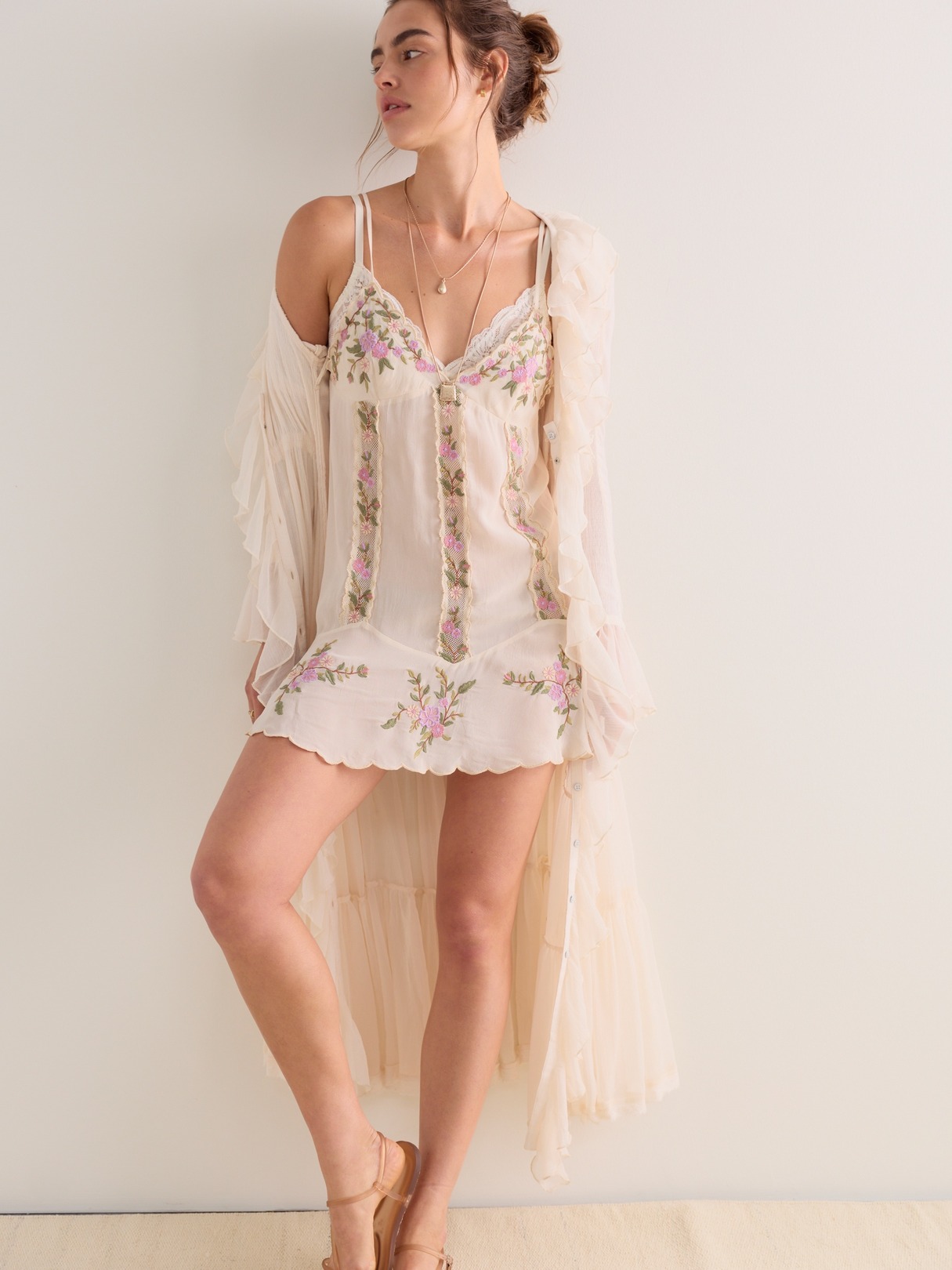 EMBROIDERED DROP WAIST MINI SLIP DRESS