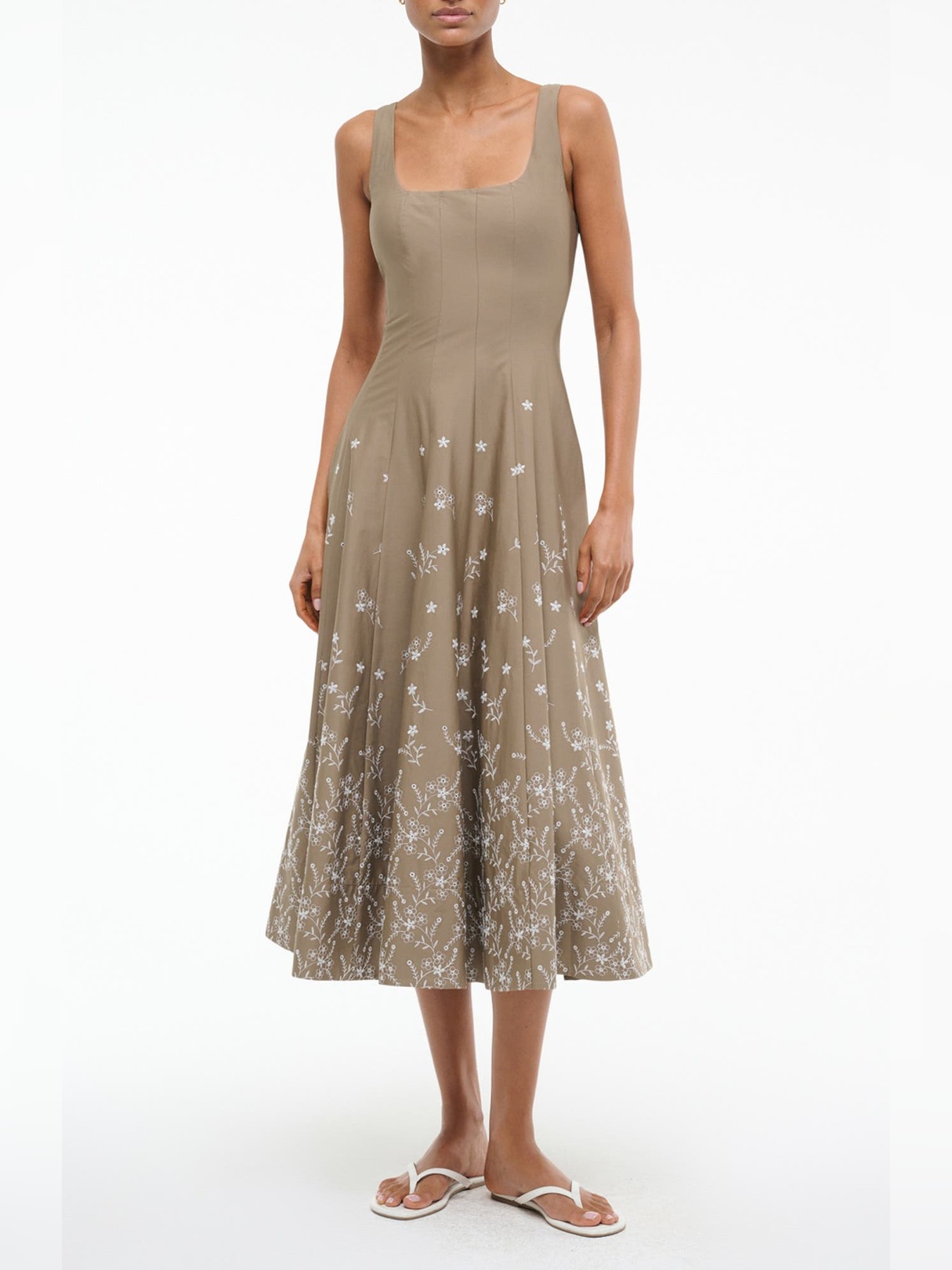 EMBROIDERED SQUARE NECK COTTON MIDI DRESS