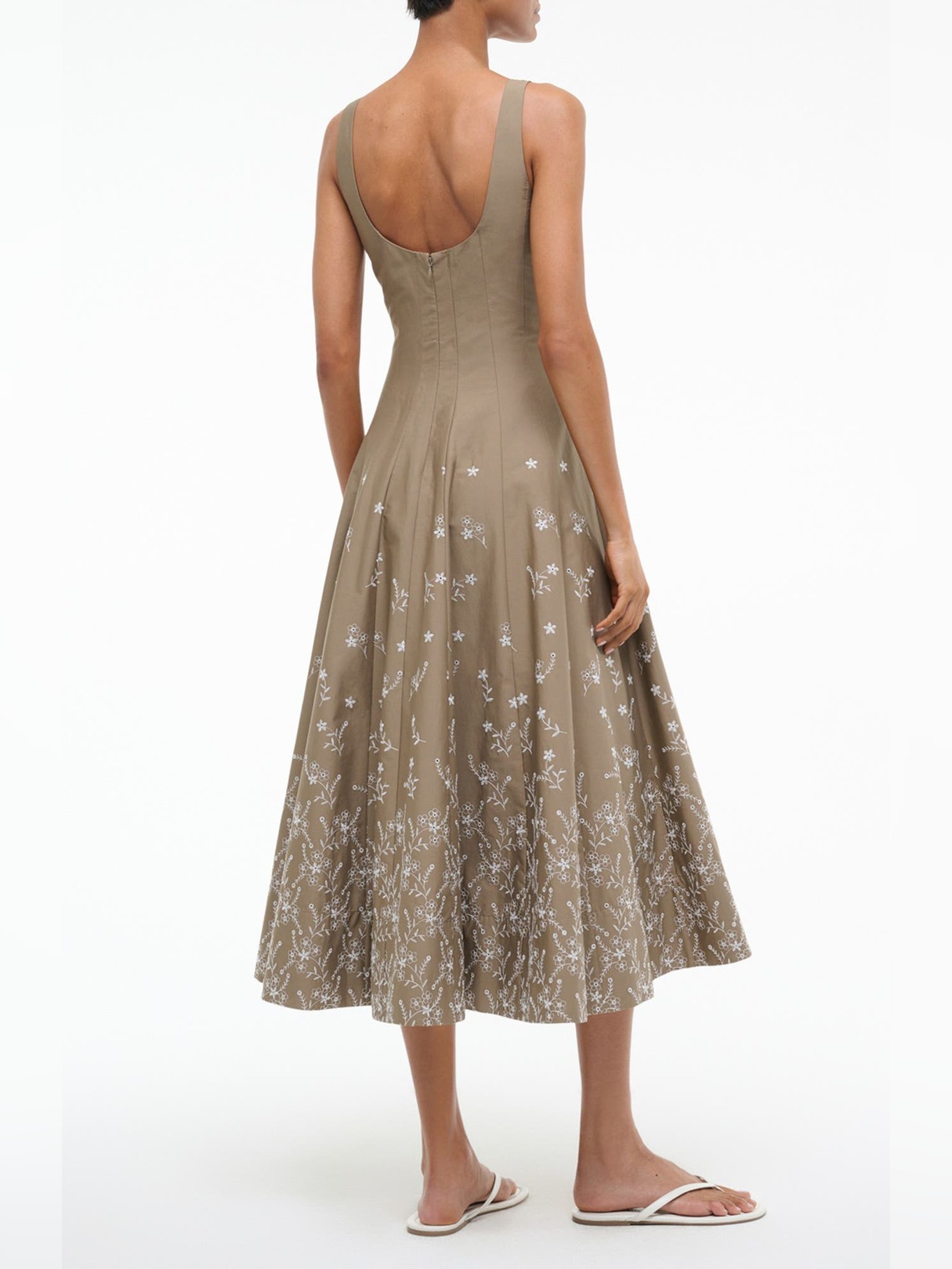 EMBROIDERED SQUARE NECK COTTON MIDI DRESS