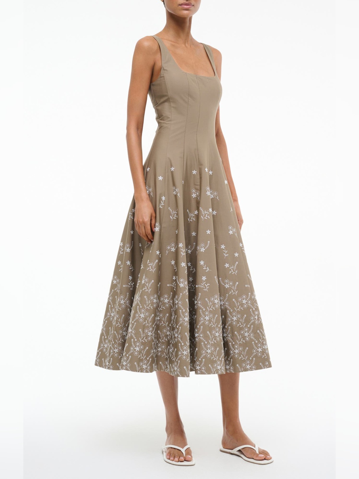 EMBROIDERED SQUARE NECK COTTON MIDI DRESS