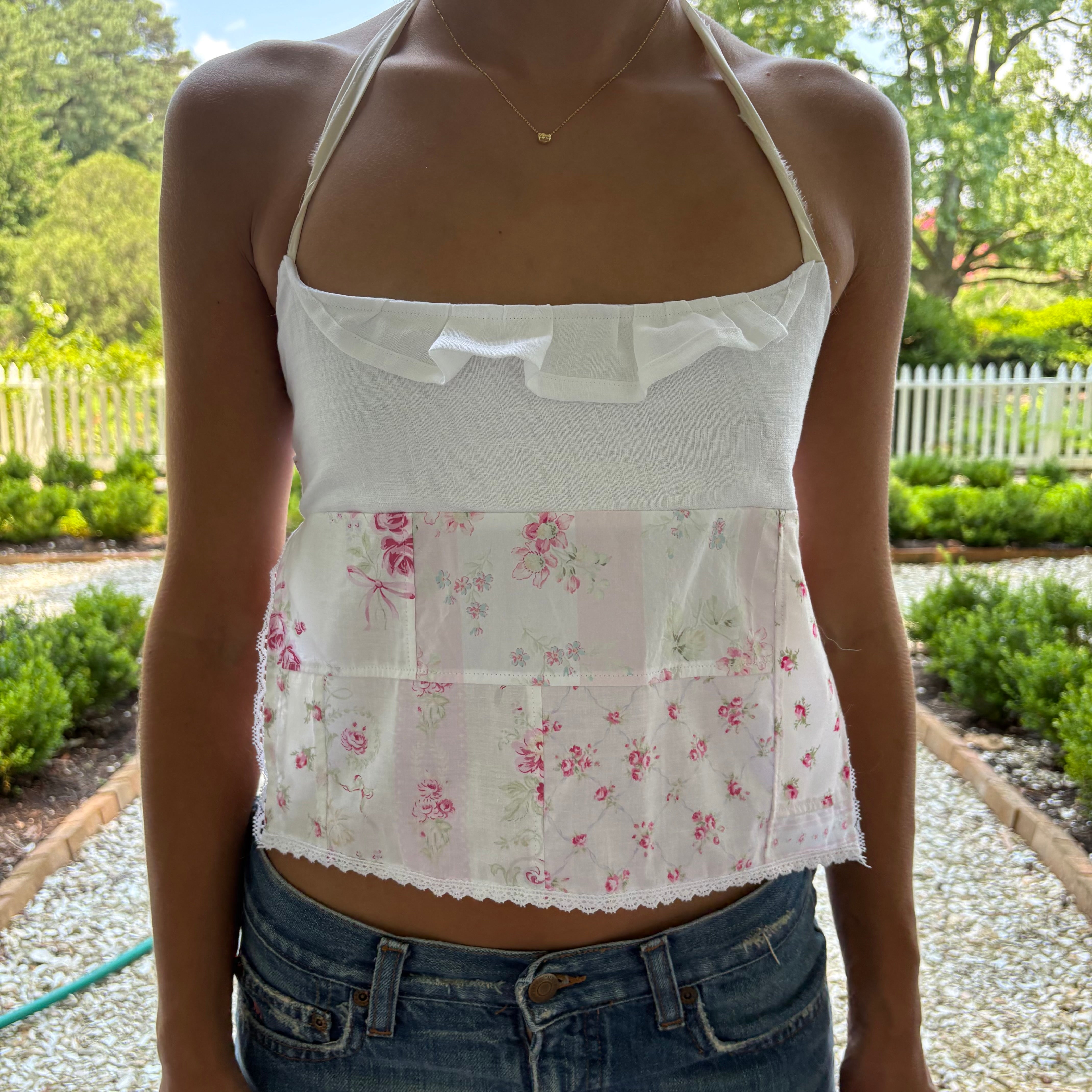 White Floral Patchwork Halter Top