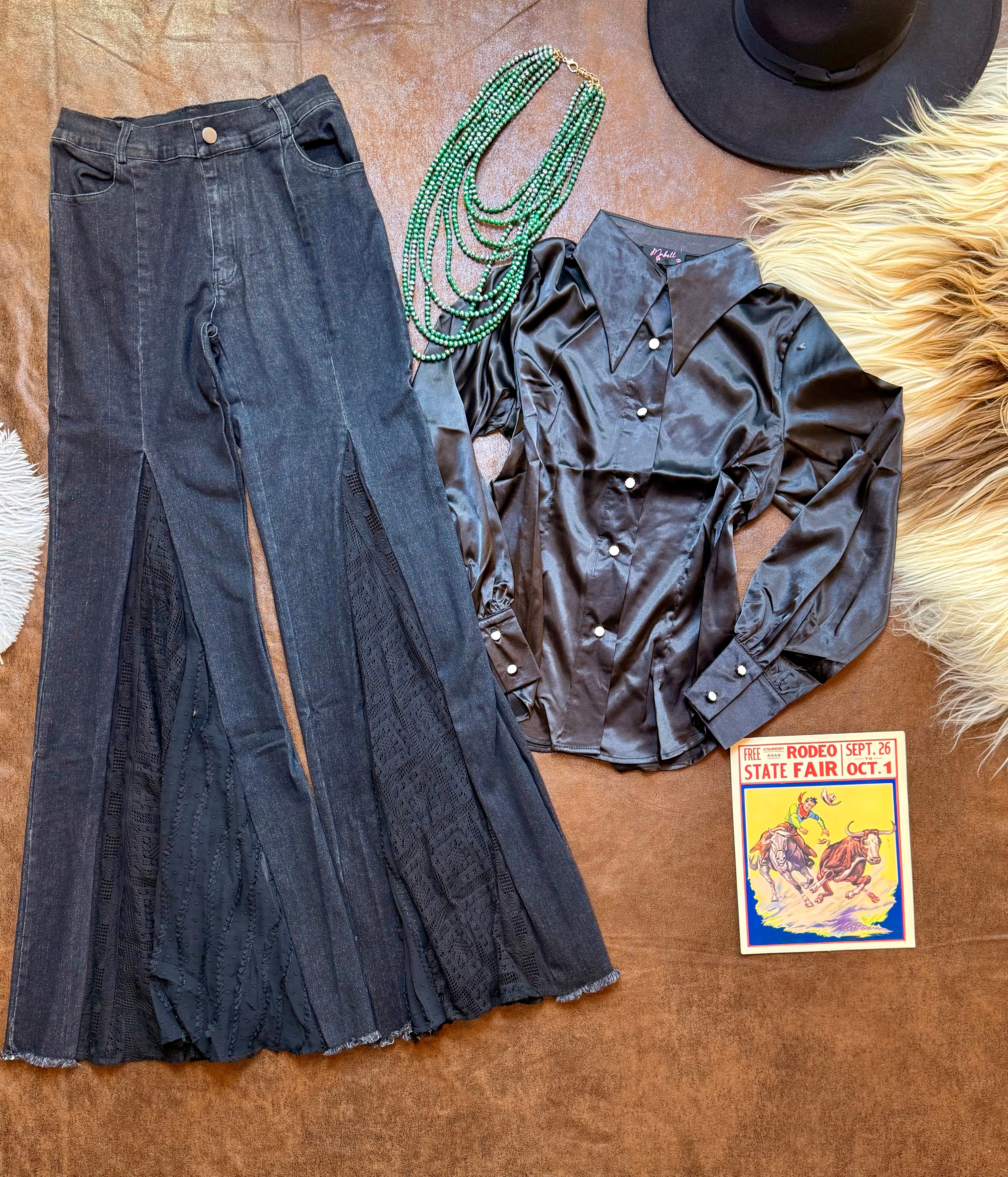 Black Denim Lace Detail Wide Leg Jeans