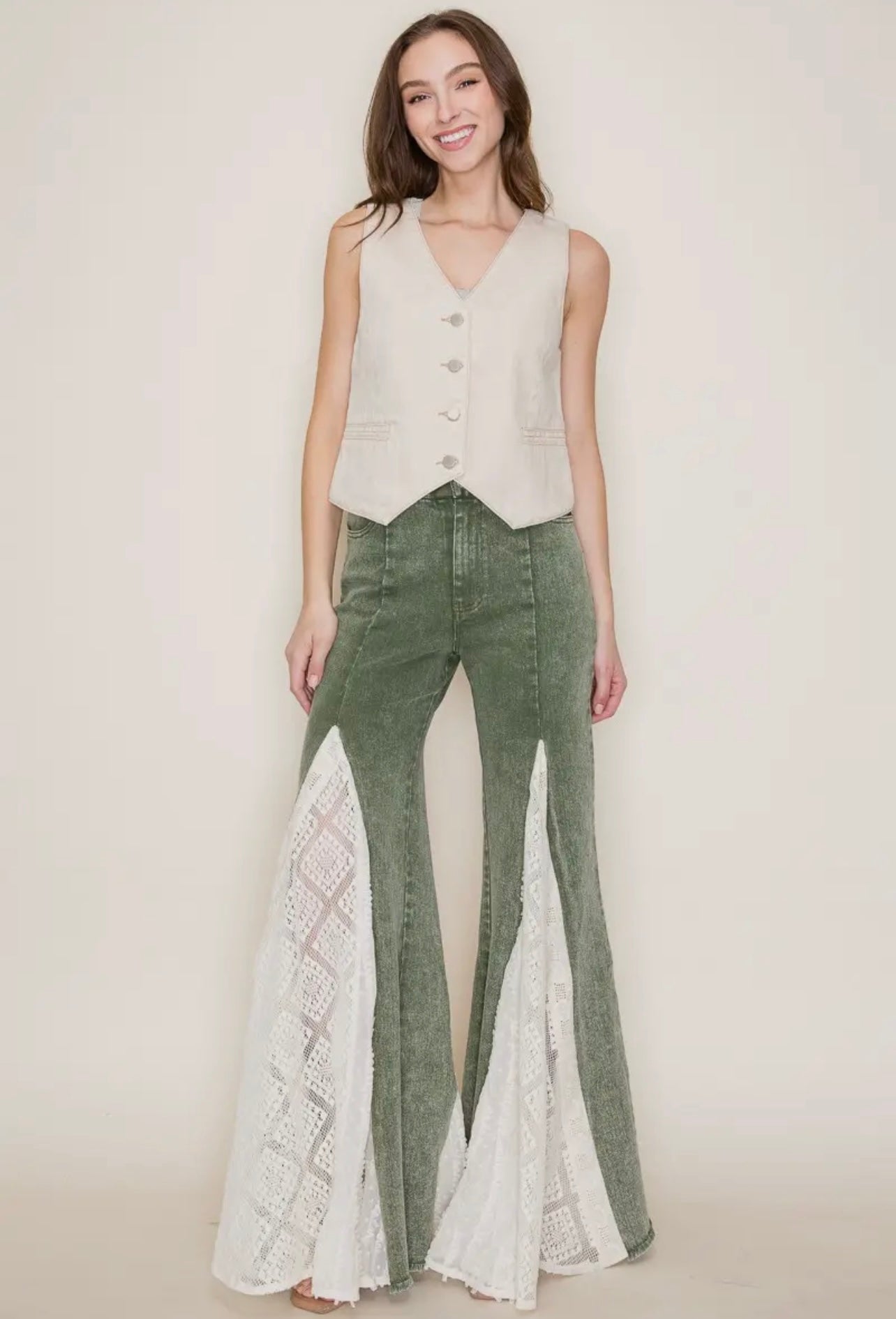 Lace Detail Wide Leg Jeans in Olive