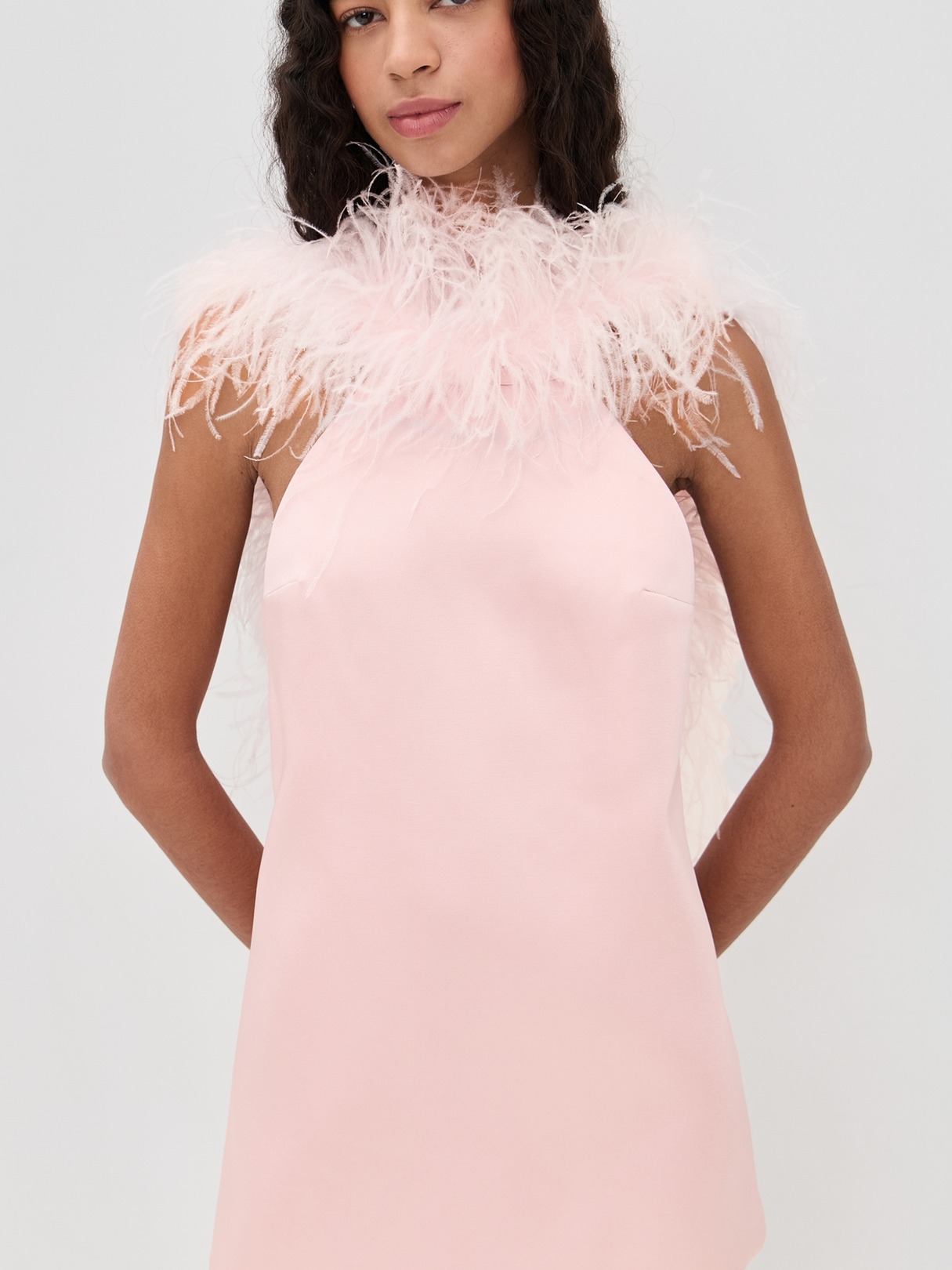 FEATHER TRIM DUCHESSE SATIN MINI DRESS