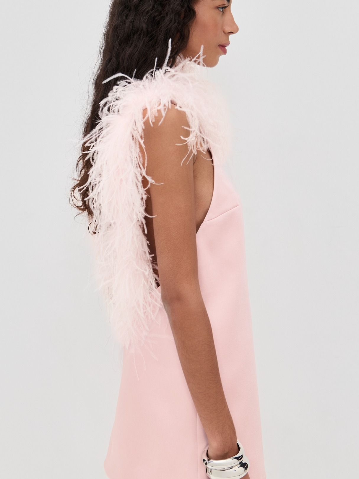 FEATHER TRIM DUCHESSE SATIN MINI DRESS