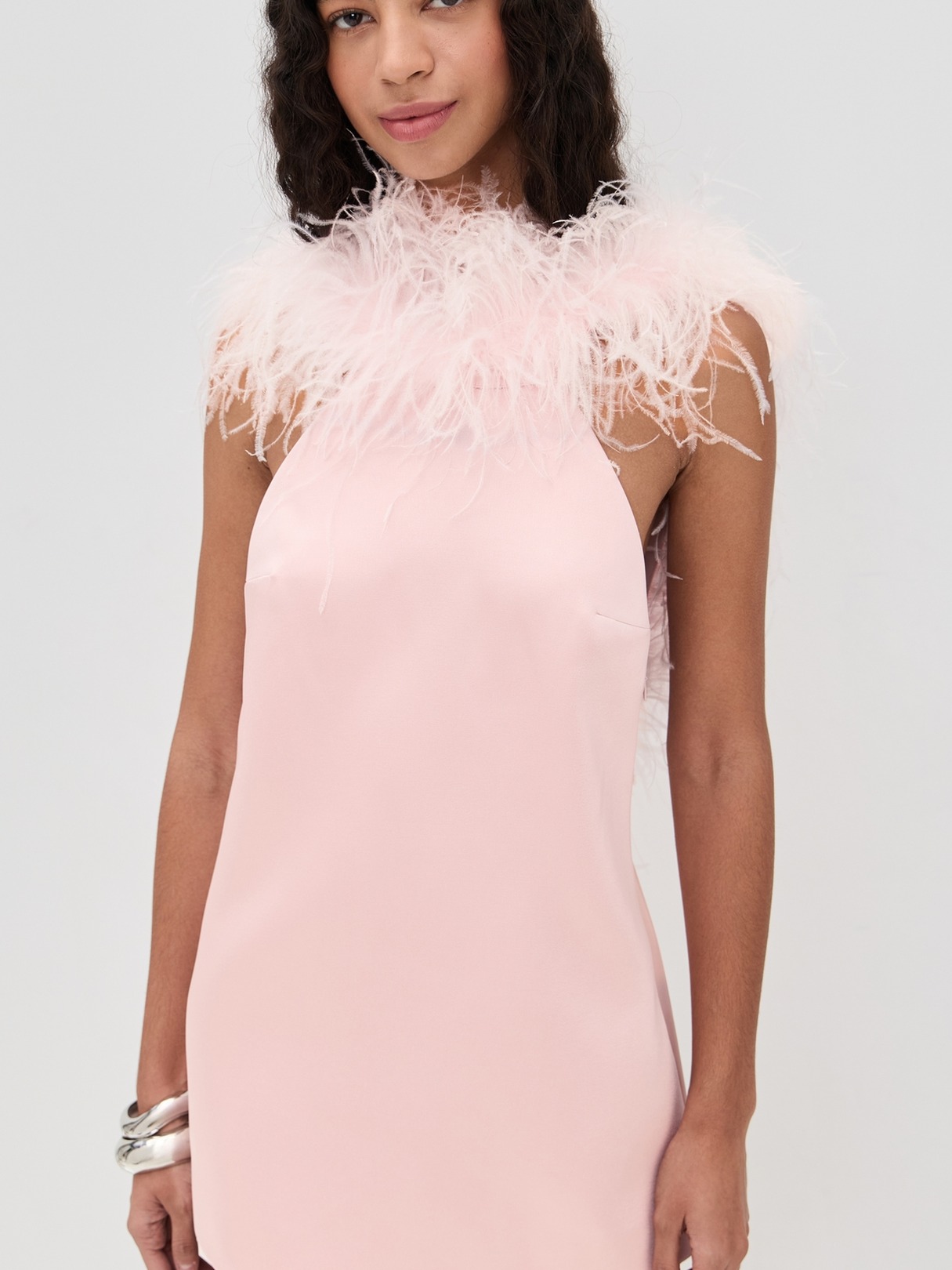 FEATHER TRIM DUCHESSE SATIN MINI DRESS