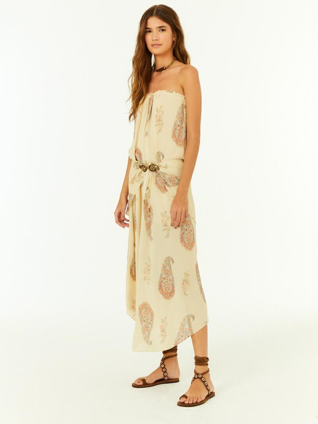 Lemon Yellow Floral Strapless Midi Dress