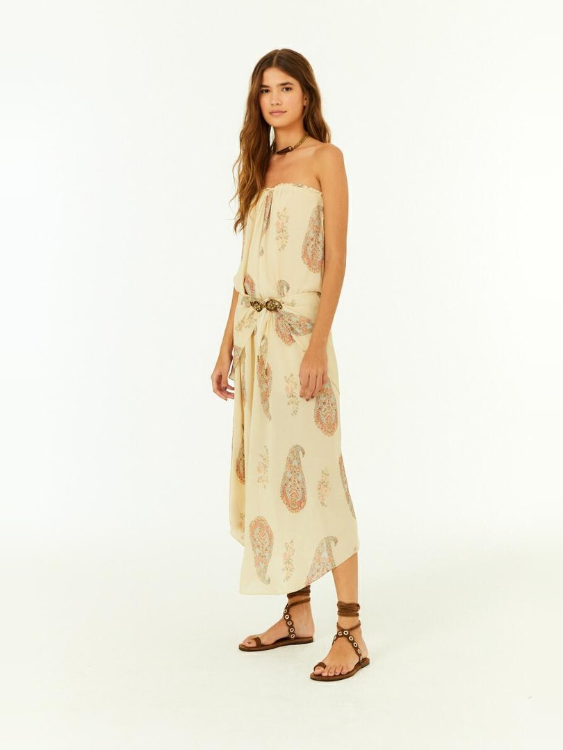 PAISLEY PRINT STRAPLESS MIDI DRESS