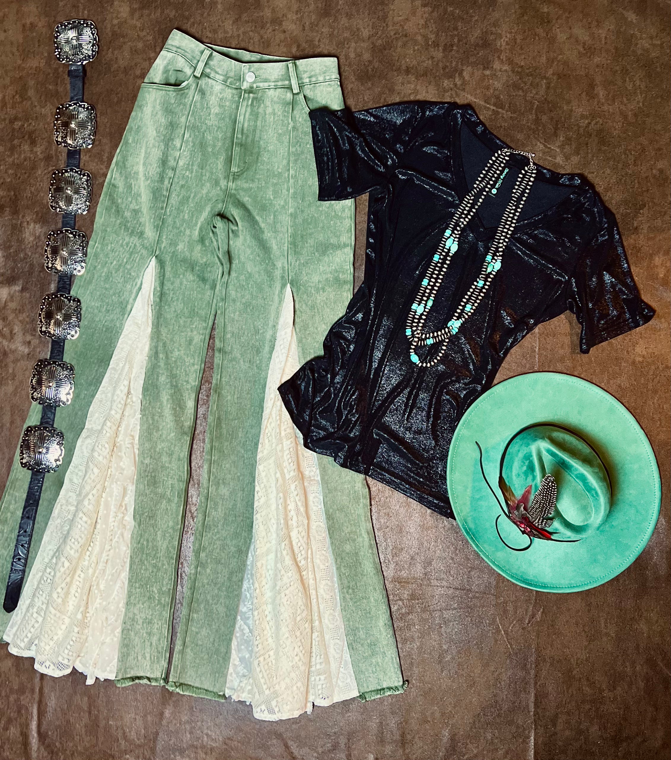 Lace Detail Wide Leg Jeans in Olive