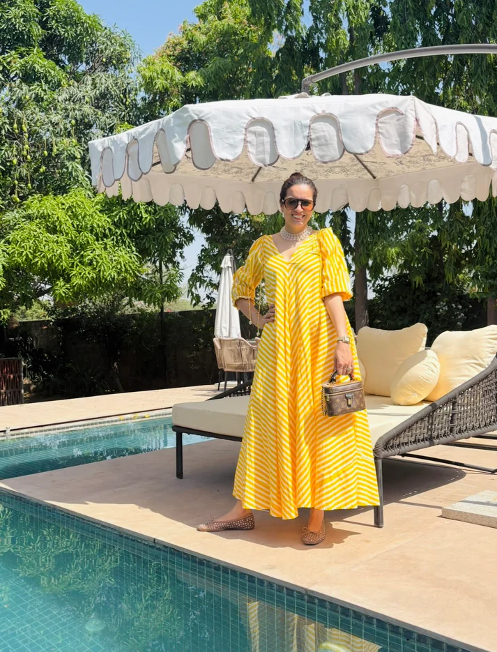 Yellow & White Chevron Stripe V-Neck Midi Dress