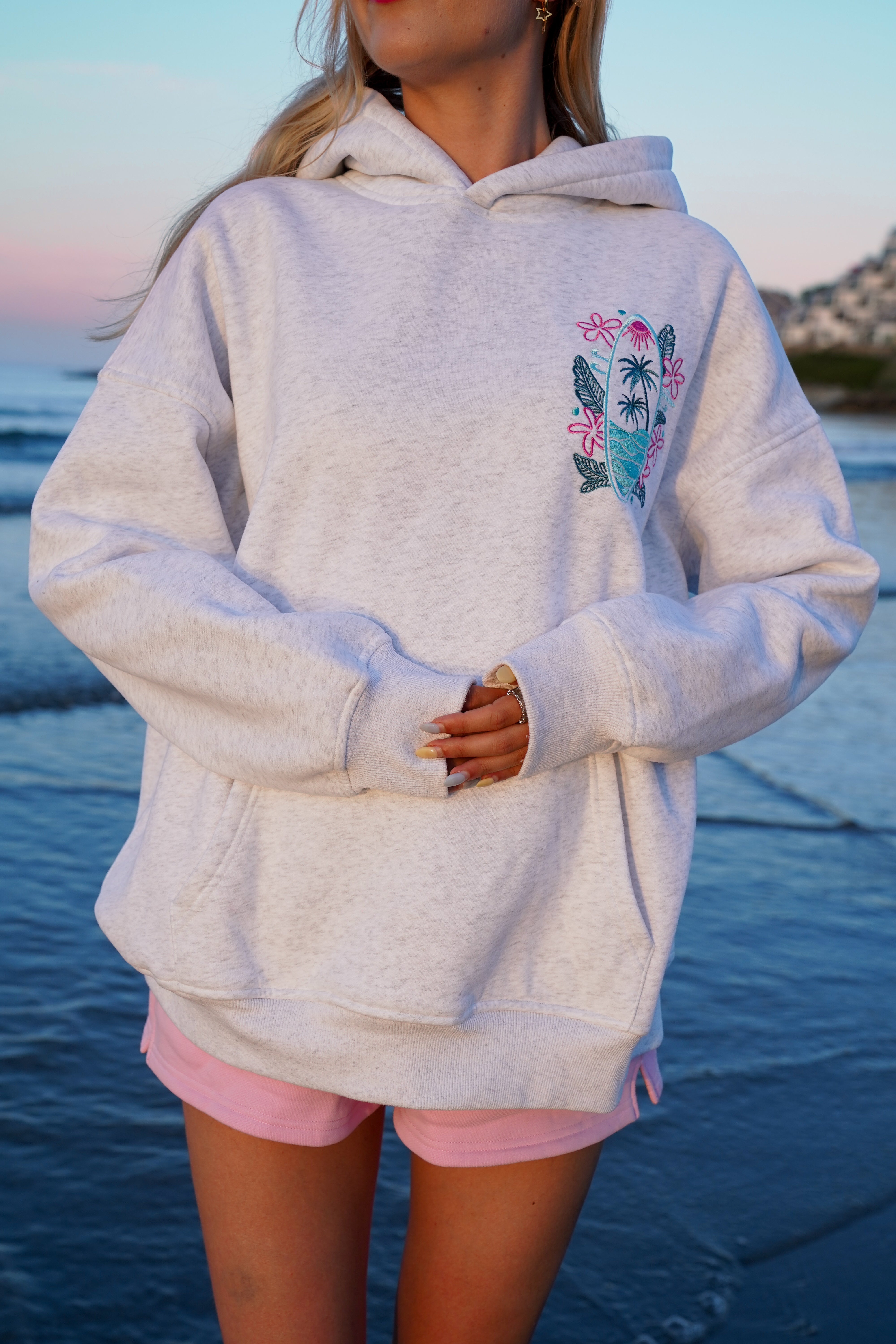 Pearl Grey Surfing The Waves Embroider Hoodie