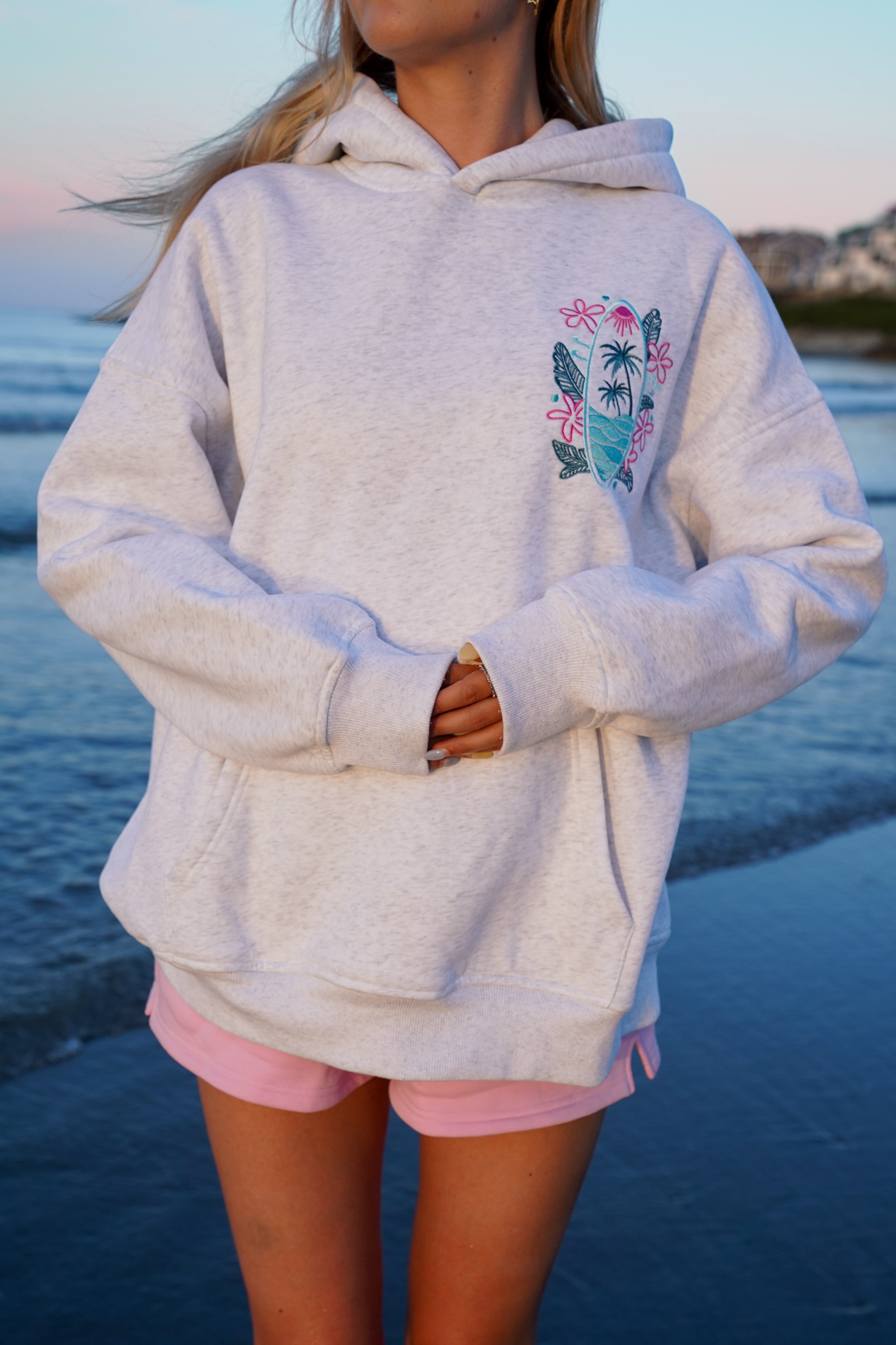 Pearl Grey Surfing The Waves Embroider Hoodie
