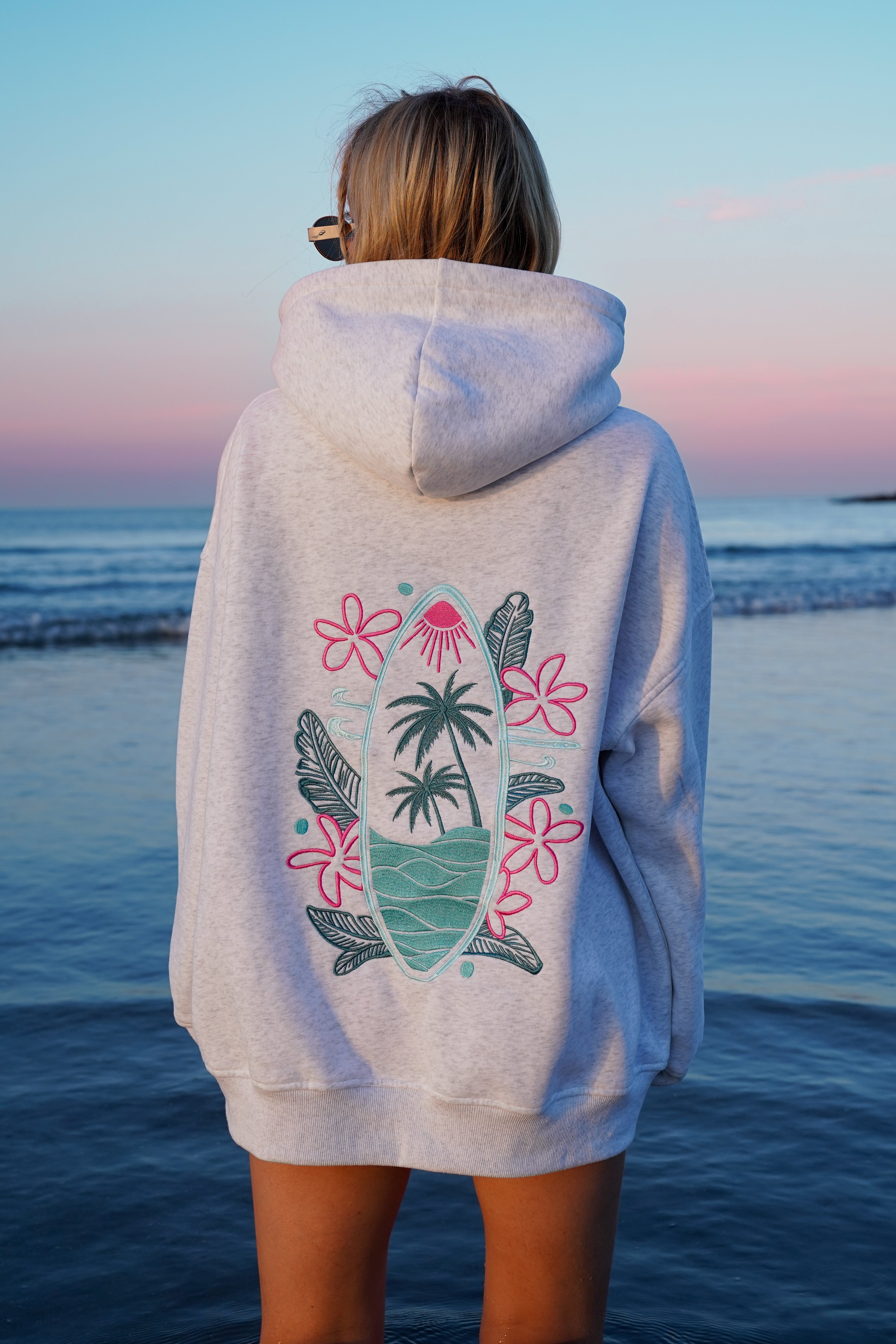 Pearl Grey Surfing The Waves Embroider Hoodie