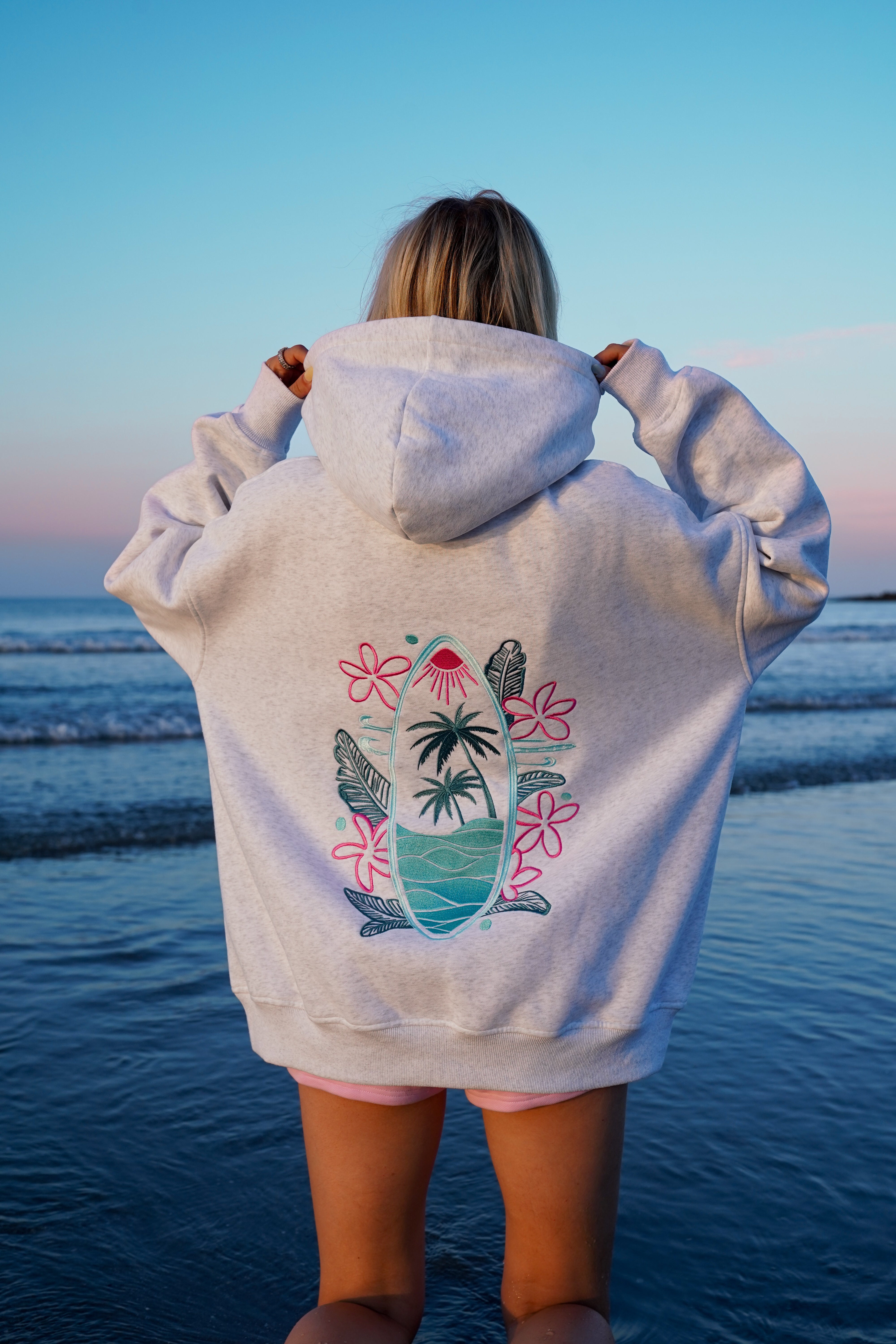 Pearl Grey Surfing The Waves Embroider Hoodie