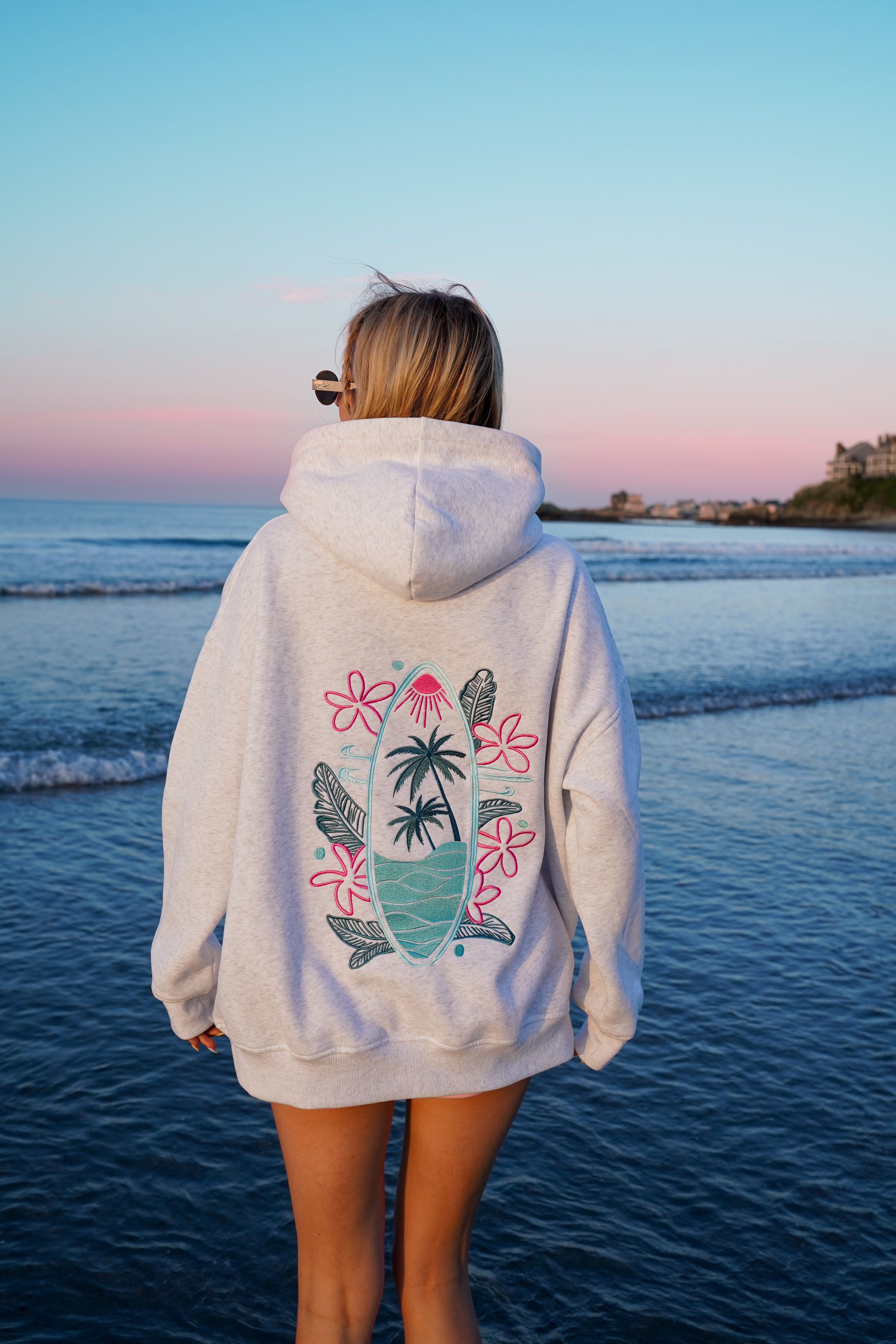 Pearl Grey Surfing The Waves Embroider Hoodie