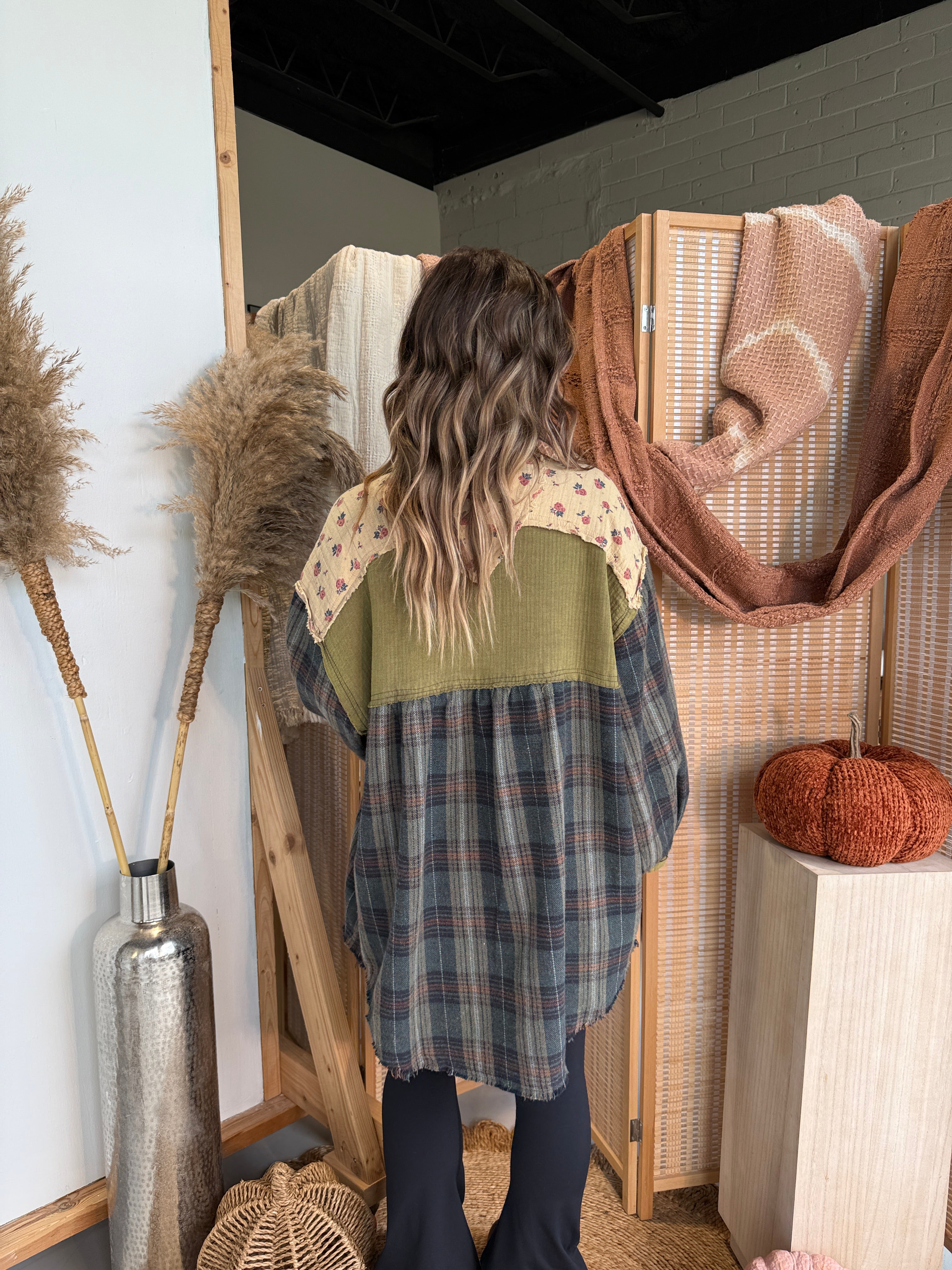 Harvest Patchwork Shacket Olive Multi